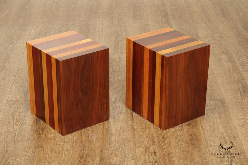 1960s Mid Century Vintage Mixed Wood Pair Side Tables Inspired by Milo Baughman