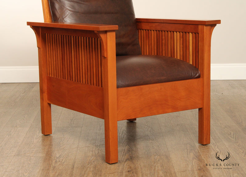 Stickley Mission Collection Pair of Cherry And Leather Spindle Lounge Chairs
