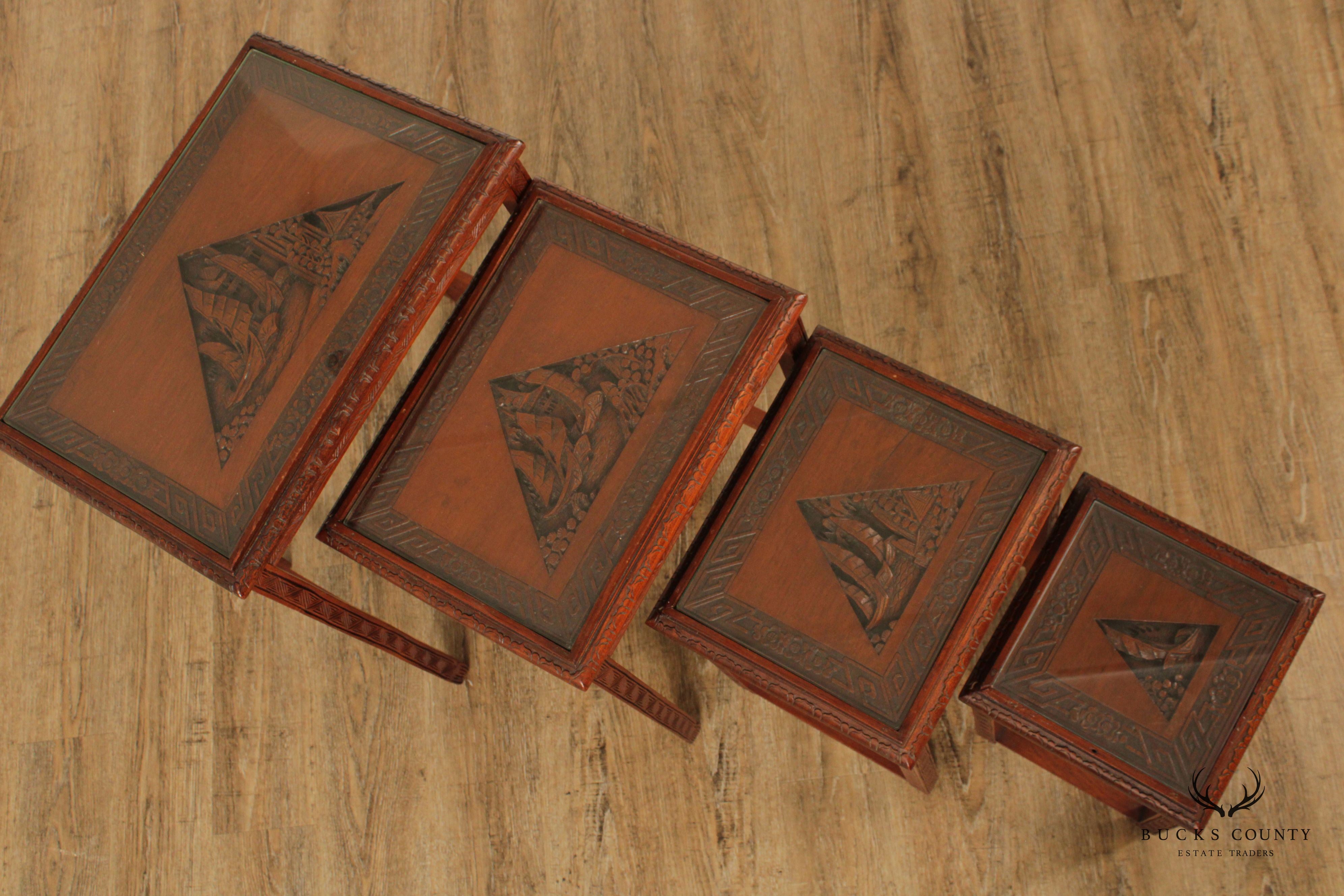 Chinoiserie Carved Set of Four Hardwood Glass Top Nesting Tables