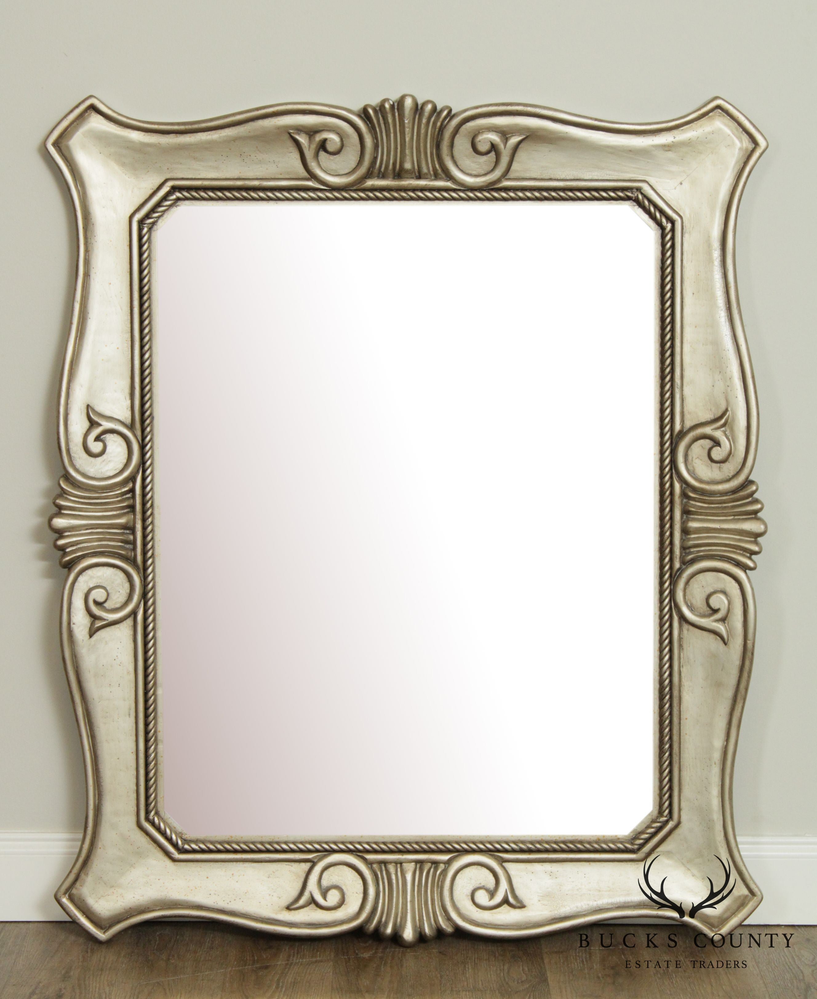 Hollywood Regency Silver Gilt Carved Wood Frame Mirror