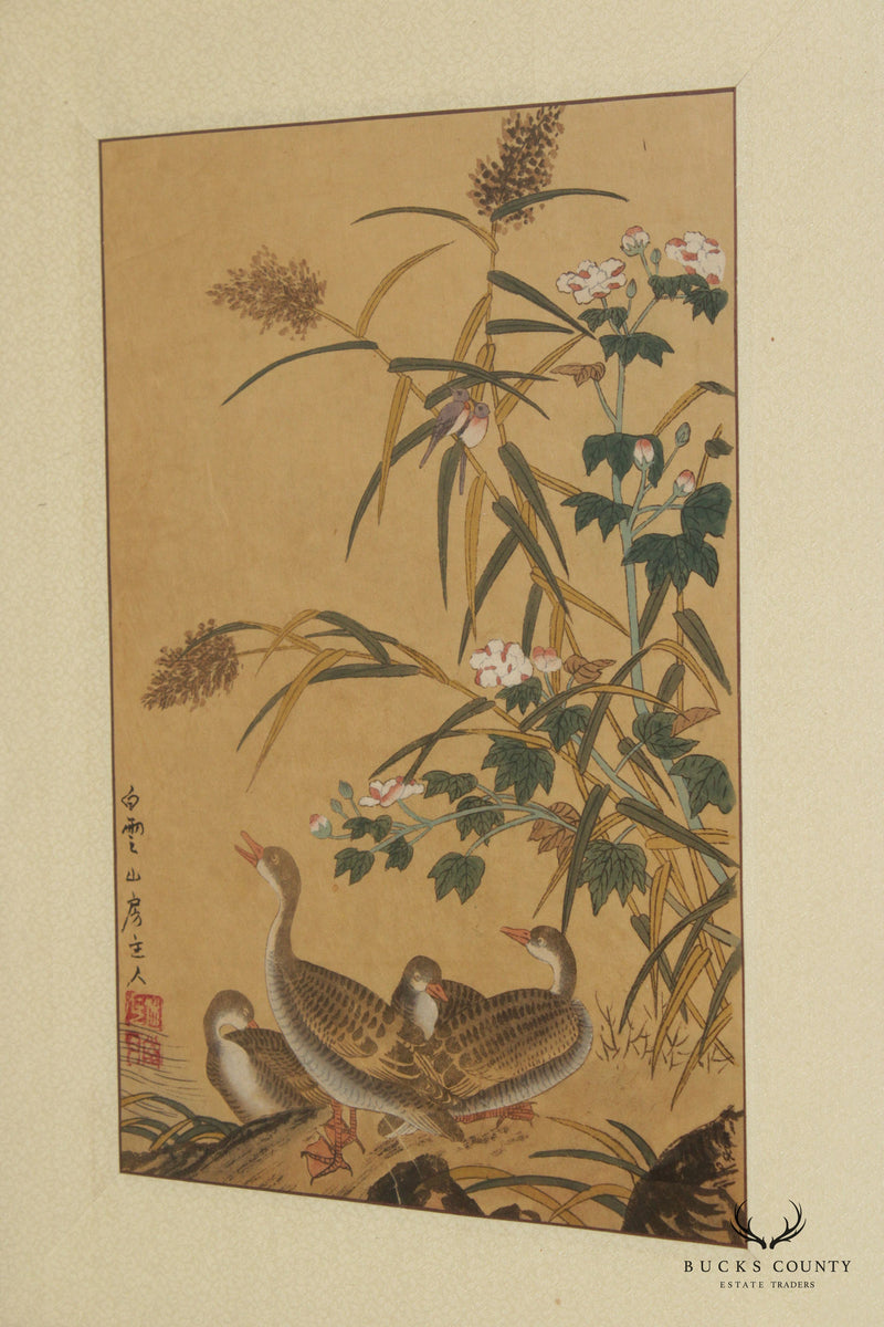 Antique Chinese Birds Scroll Painting, Custom Framed