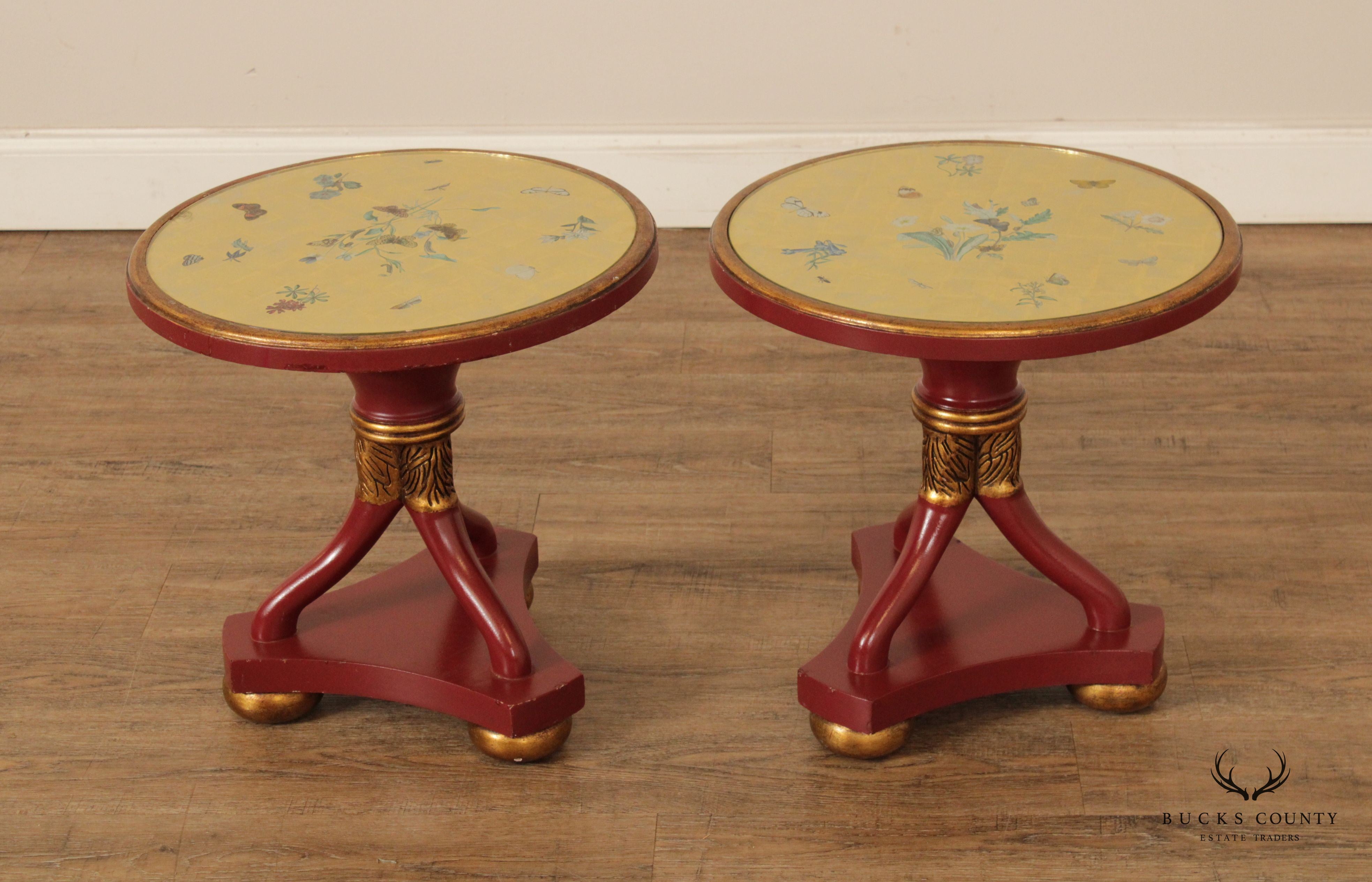 French Empire Style Pair of Painted Wood Round Eglomise Glass Top Side Tables