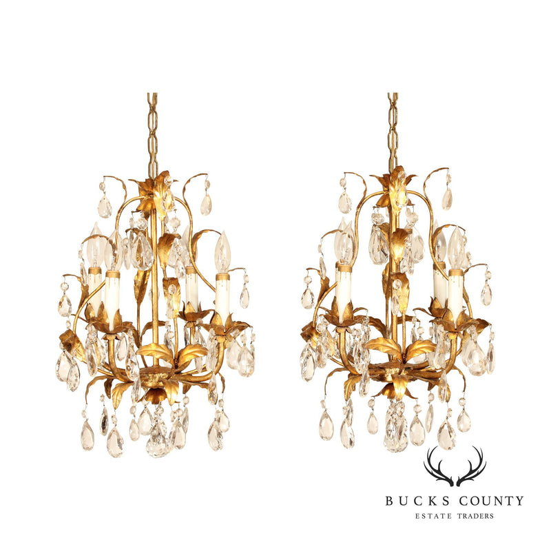 Italian Hollywood Regency Pair Gilt Tole and Crystal 4-Light Chandeliers