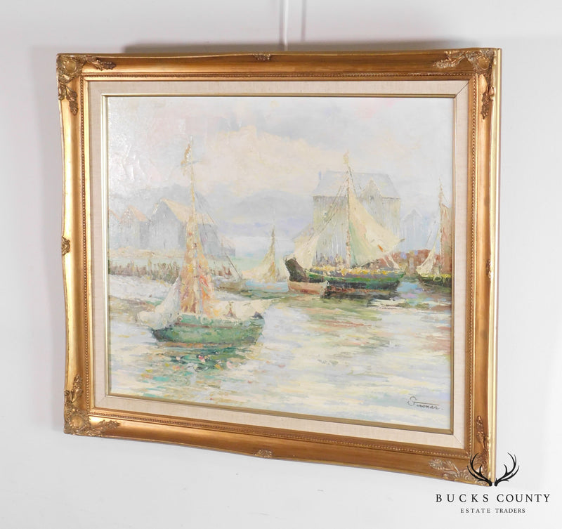 Sinomas, Oil on Canvas Painting of Working Lanteen Sailing Vessels in Port Custom Frame