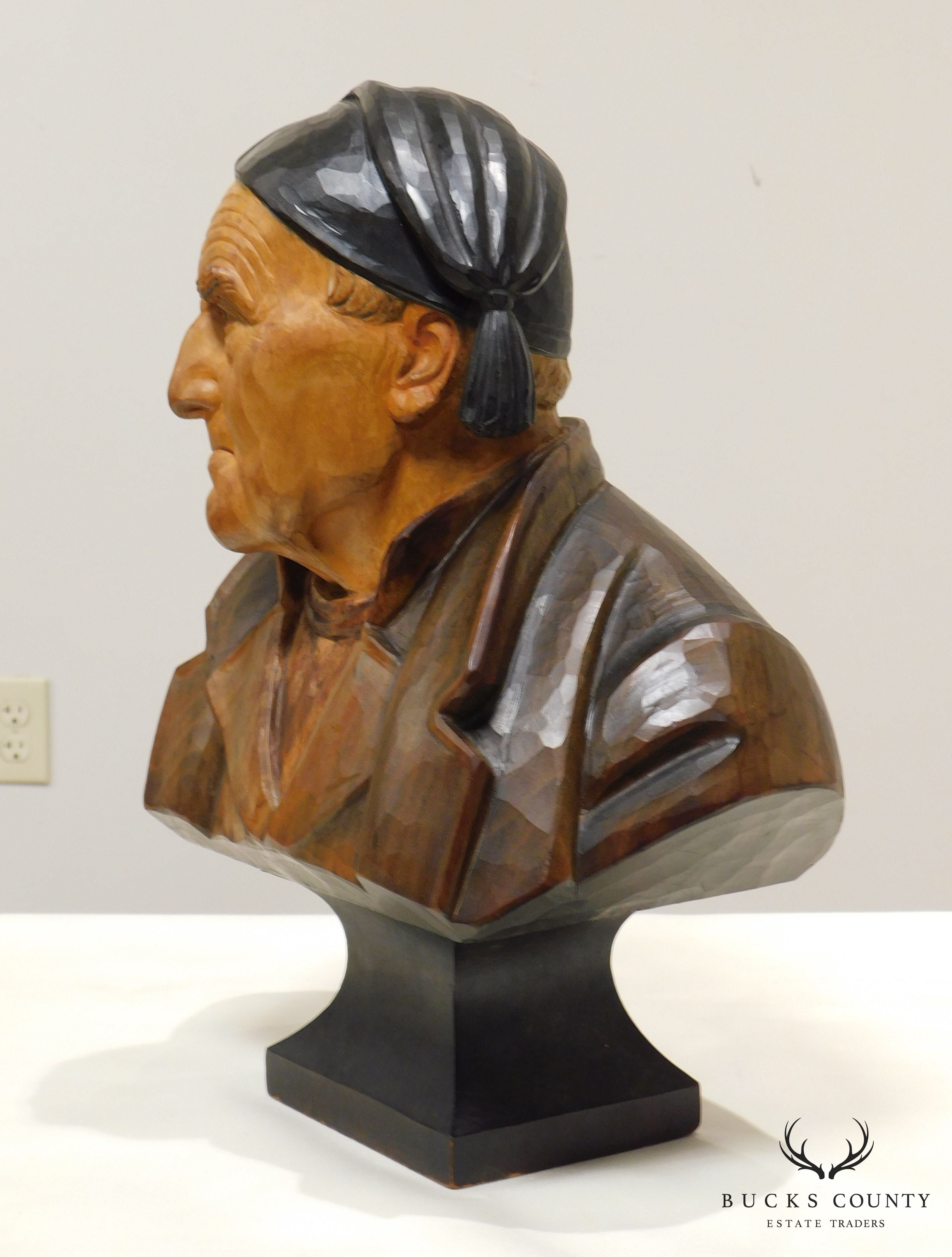 H. Huggler - Wyss Hand Carved Polychrome Wood Bust of Old Man