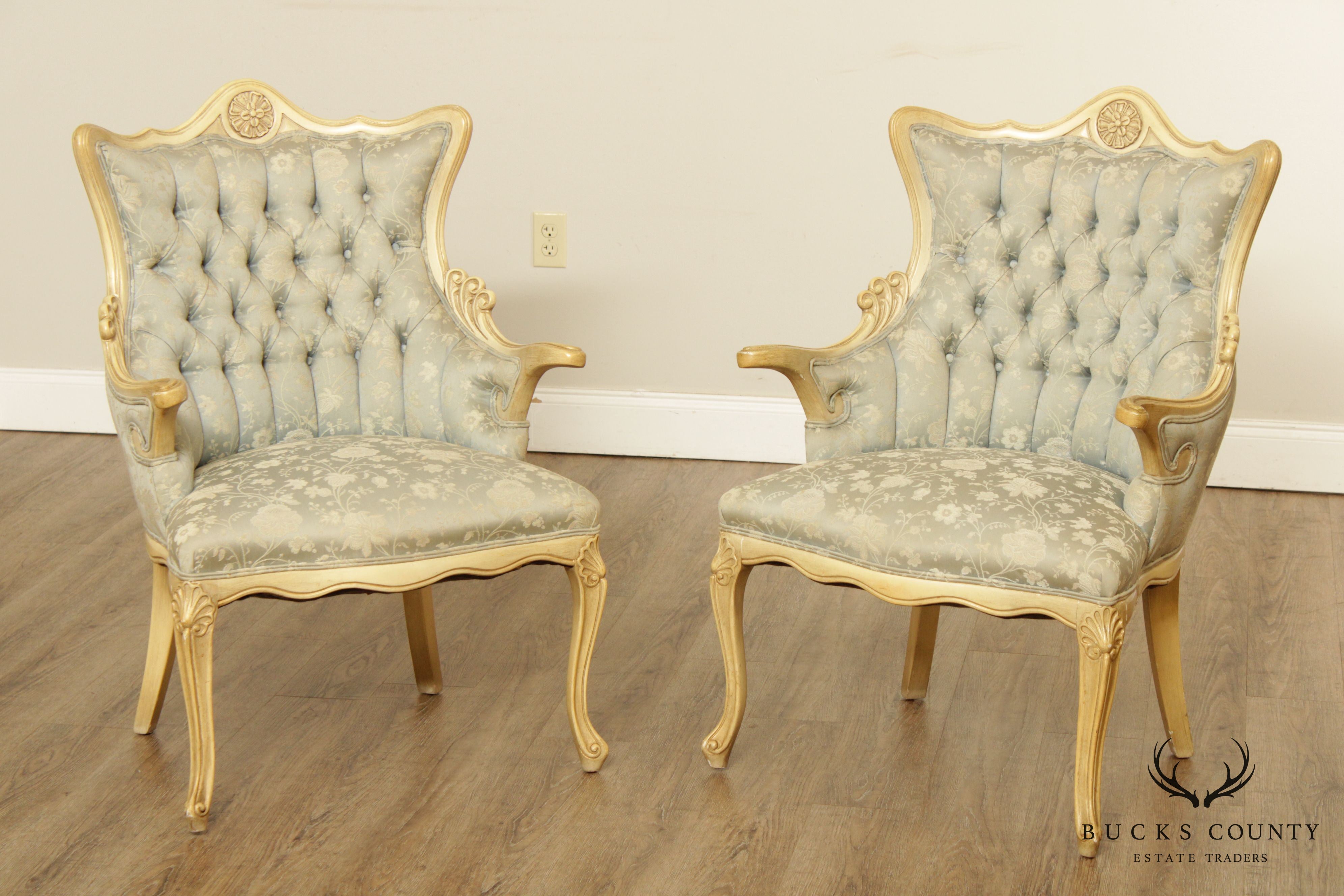 French Provincial Vintage Pair Tufted Fireside Armchairs