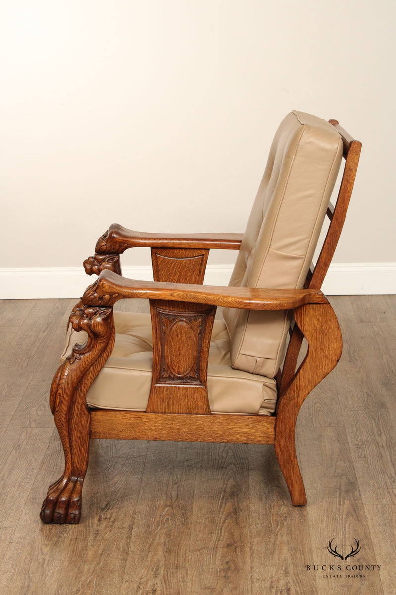 Renaissance Revival Antique Pair of Carved Oak Lion Head Reclining Morris Chairs