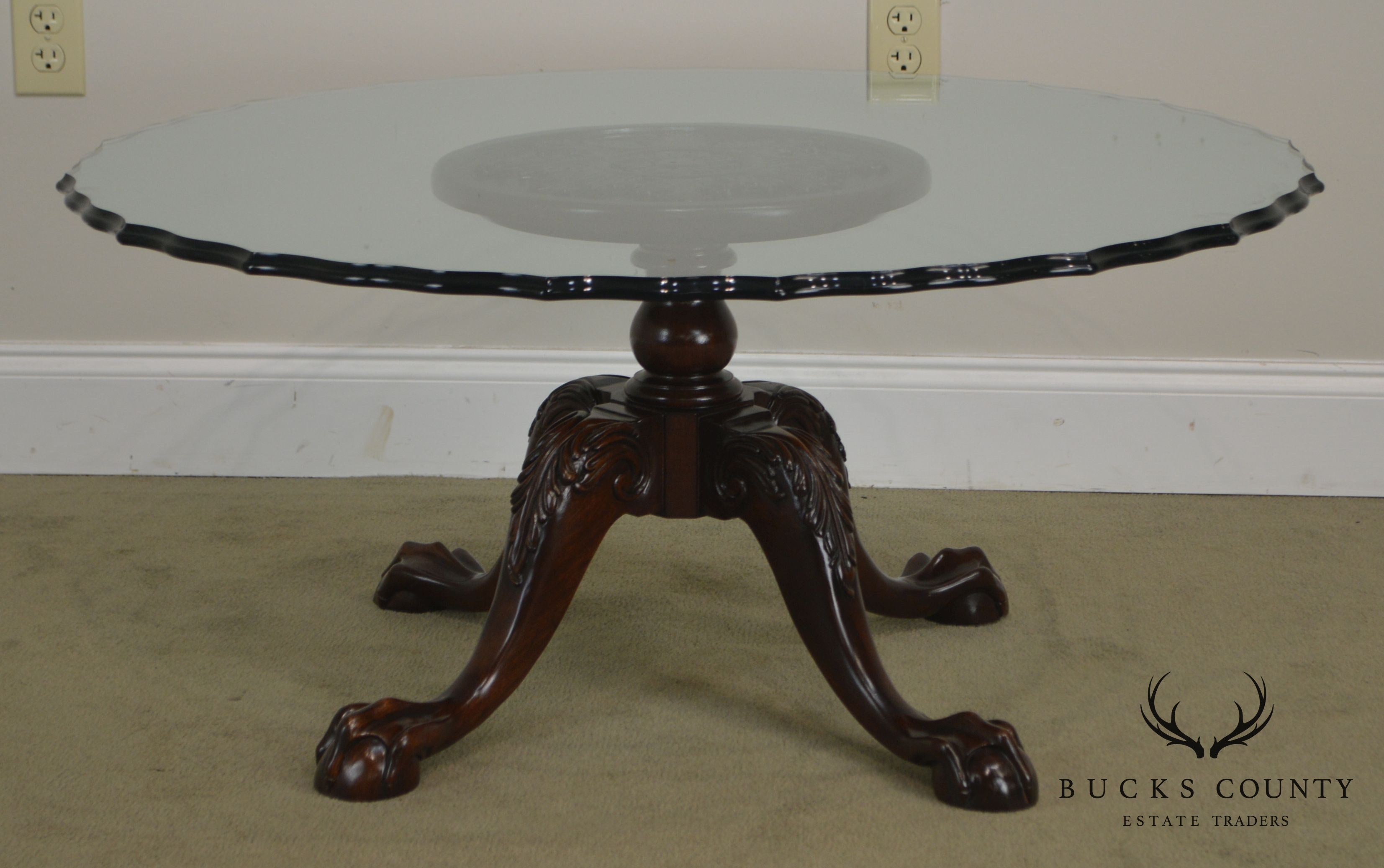 Carved Mahogany Ball & Claw Chippendale Style Glass Top Coffee Table