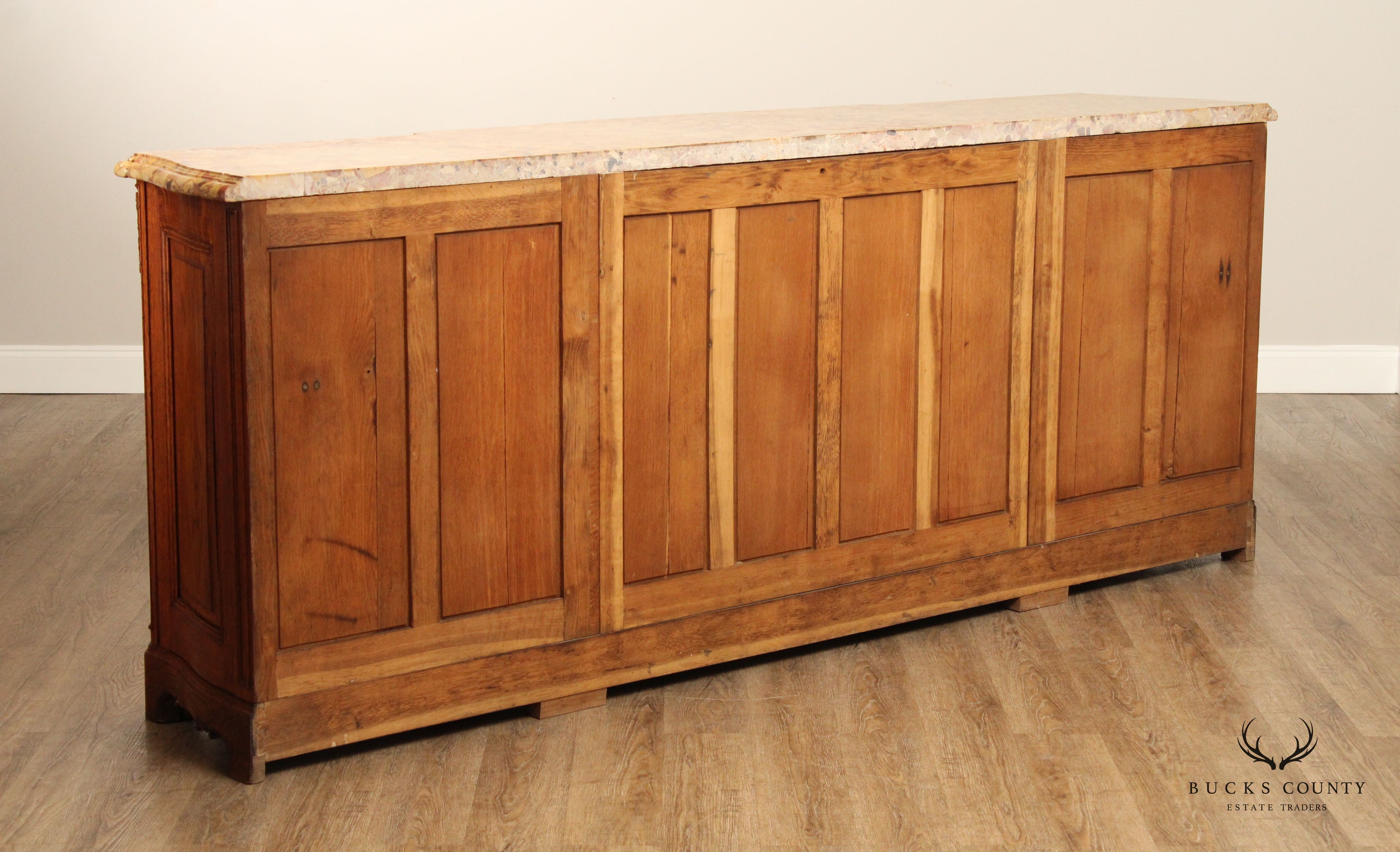 Antique French Louis XV Style Breccia Marble Top Long Oak Sideboard