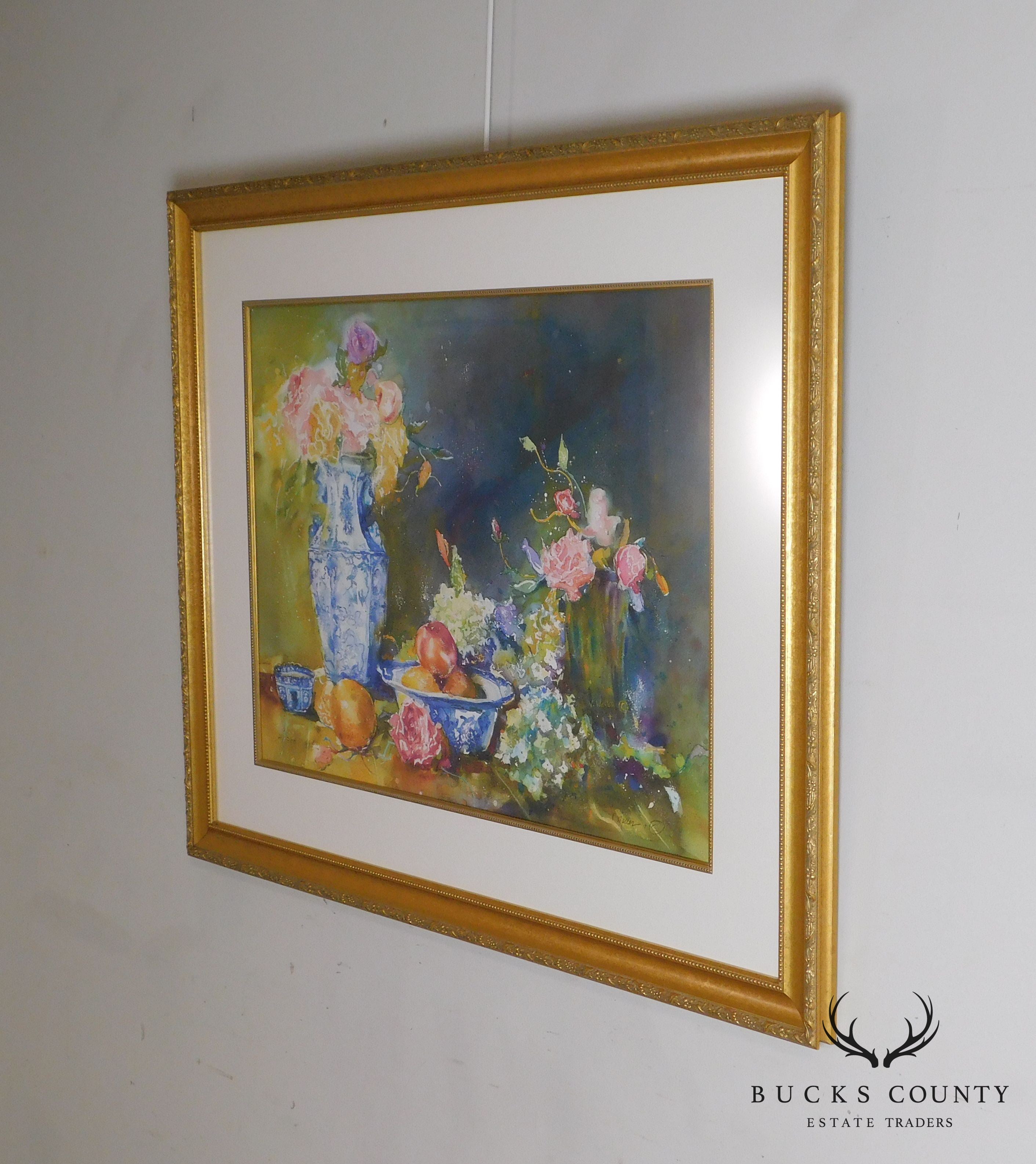 V. Weller Print 21/300 of Watercolor Fruit & Floral Still Life with Blue & White China