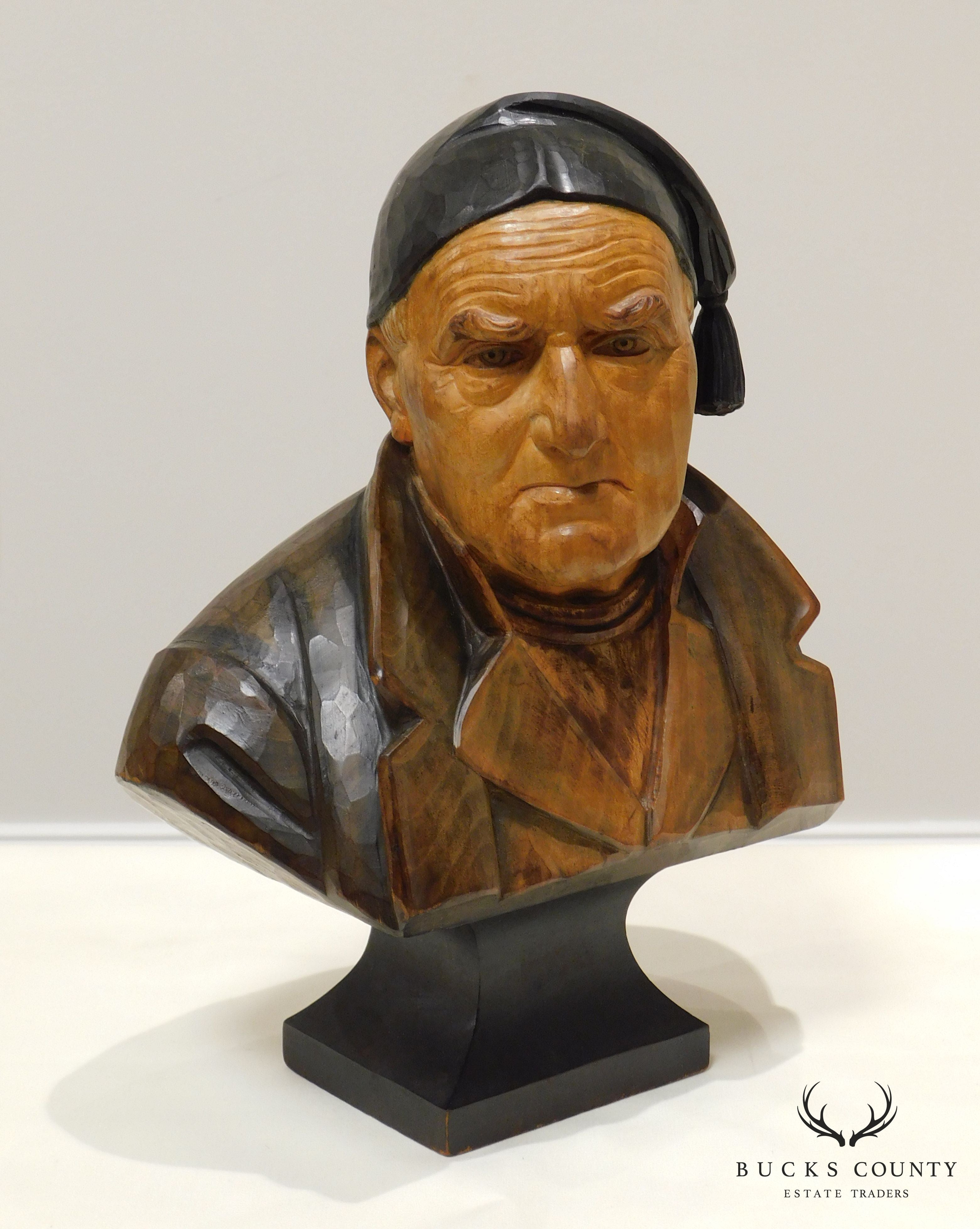 H. Huggler - Wyss Hand Carved Polychrome Wood Bust of Old Man