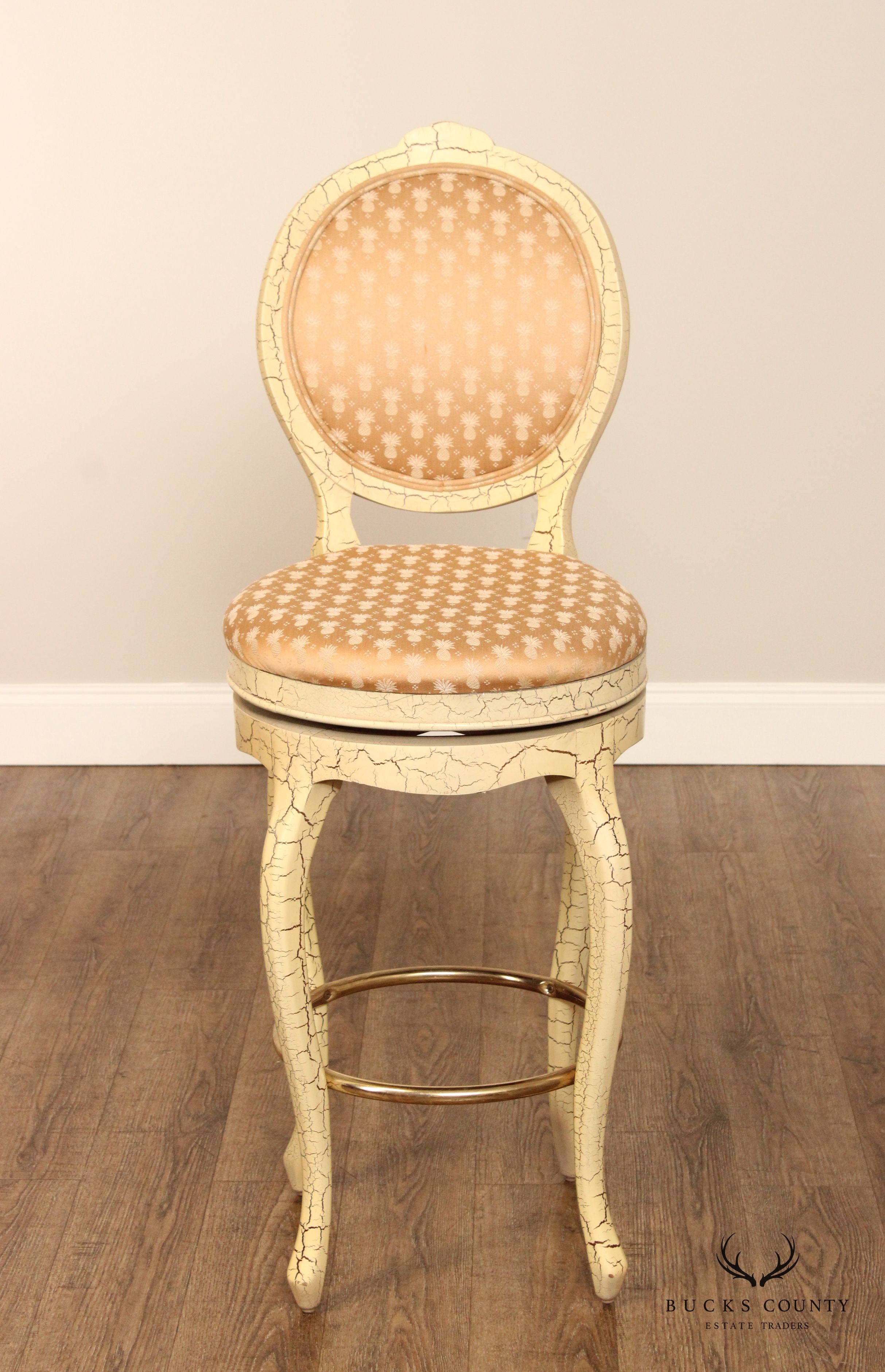 French Style Vintage Set Four Crackle Painted Bar Stools