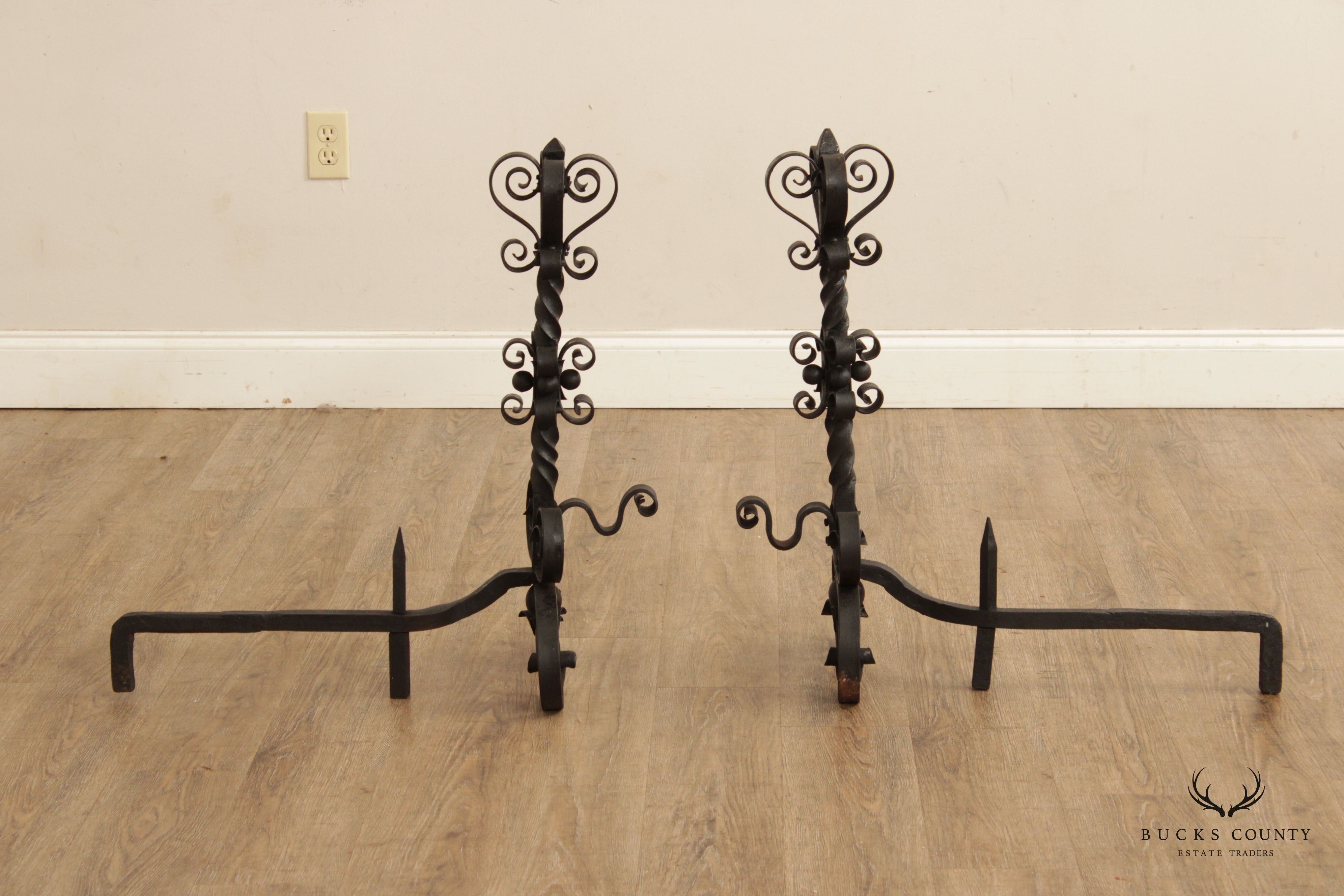 Vintage Gothic Style Pair Wrought Iron Scroll Andirons