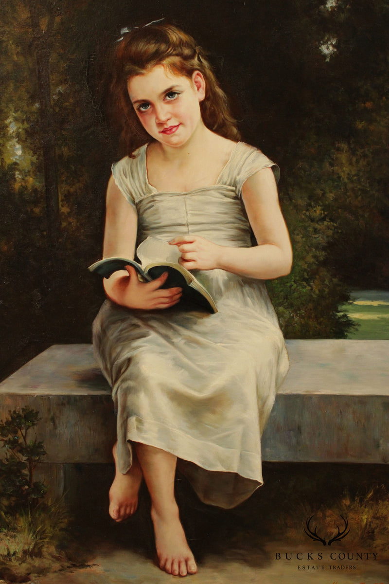Victorian Style Framed Oil Painting of Young Girl Reading Book