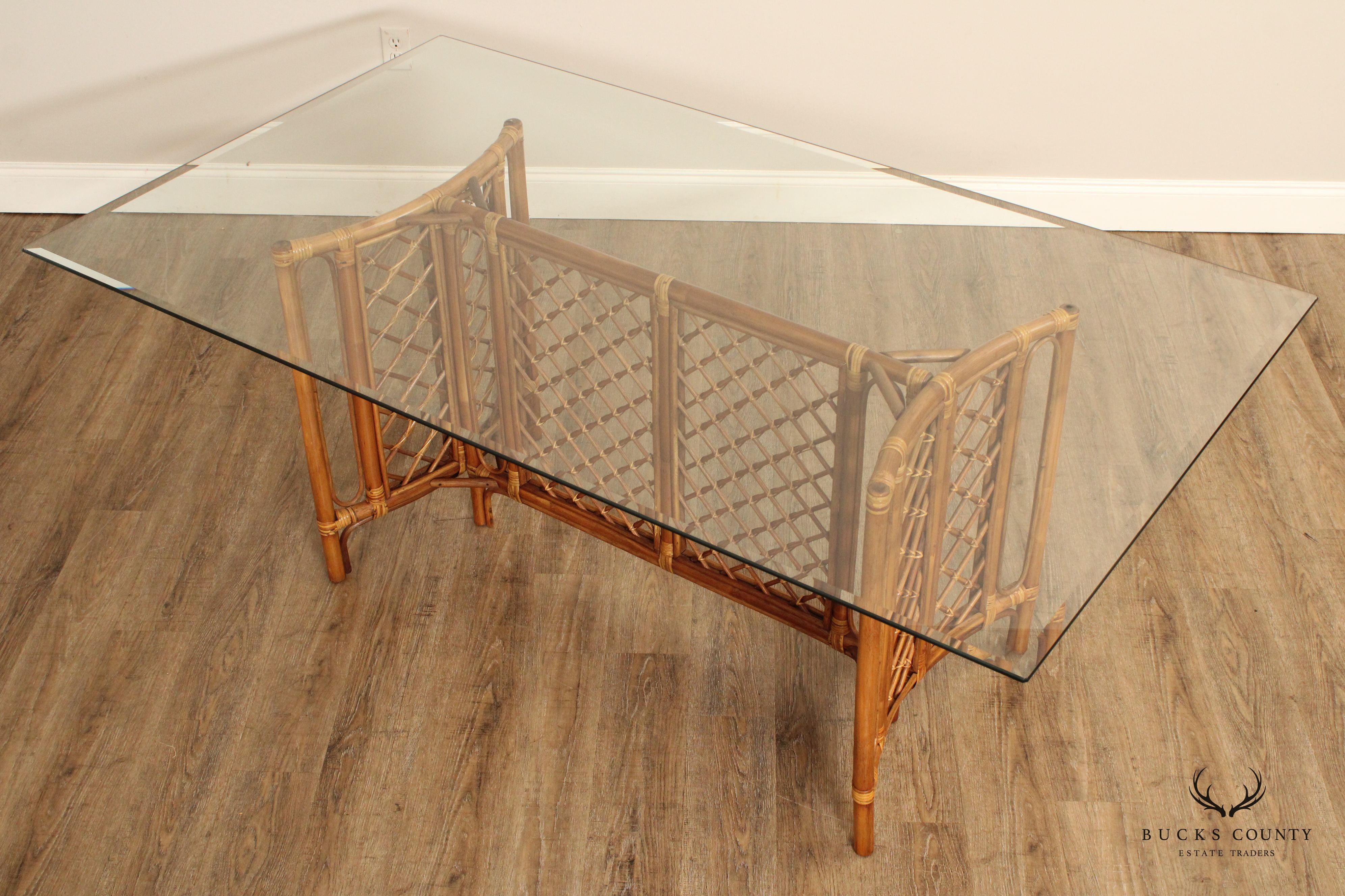 Hollywood Regency Glass Top Bamboo Rattan Dining Table