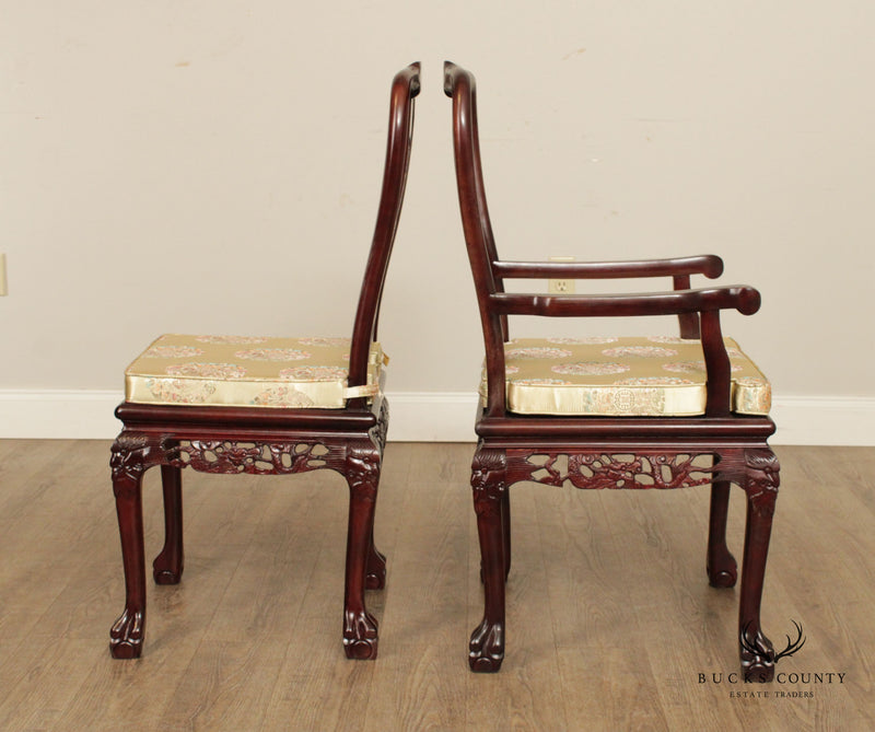 Chinese Rosewood Mother of Pearl Inlaid Dragon Carved Set of 8 Dining Chairs