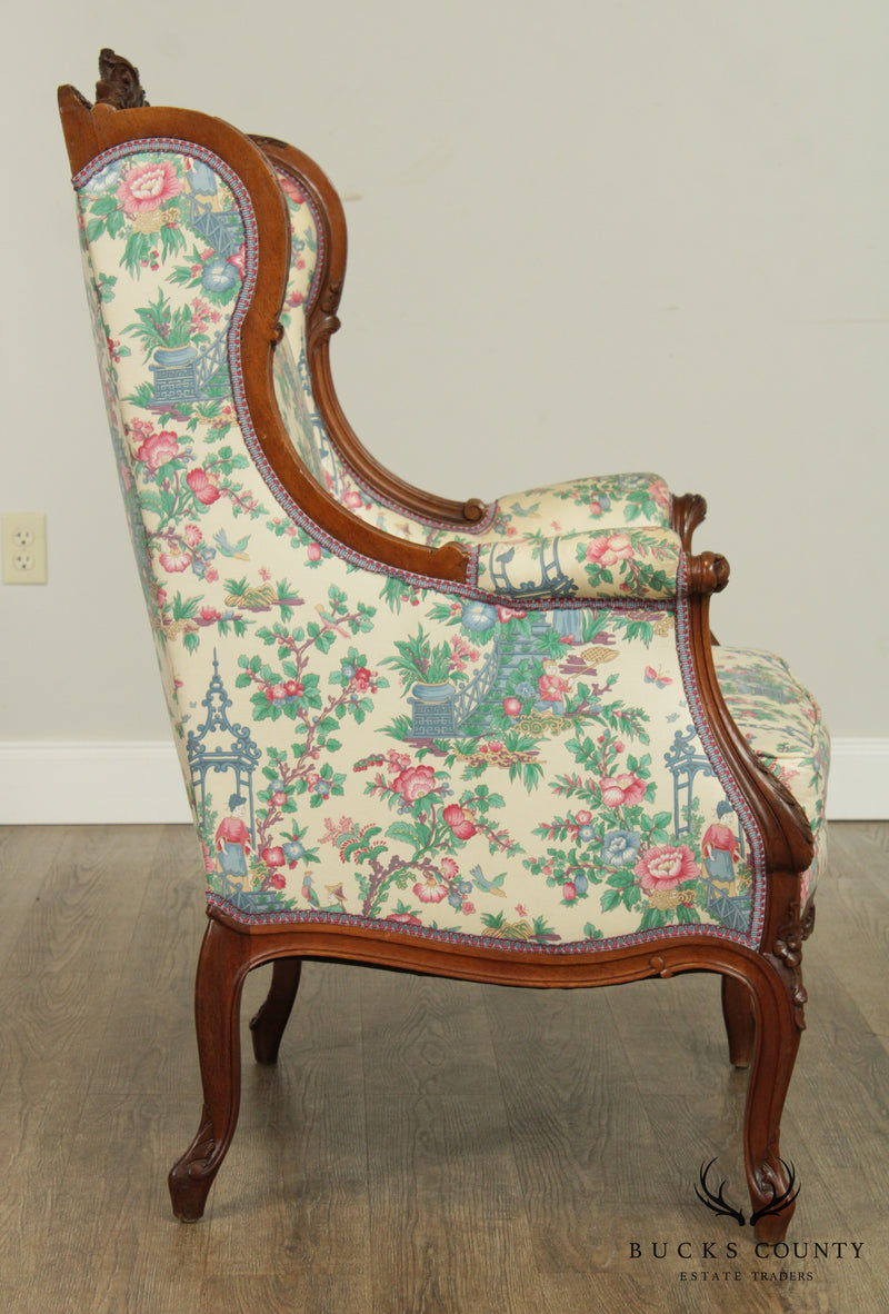 Lawsonia French Louis XV Style Vintage Carved Walnut Bergere Wing Chair