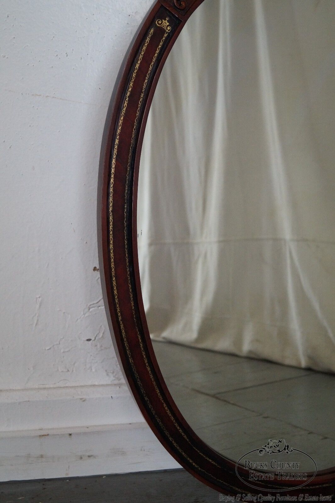 Carved Mahogany & Tooled Leather Oval Wall Mirror circa 1950s