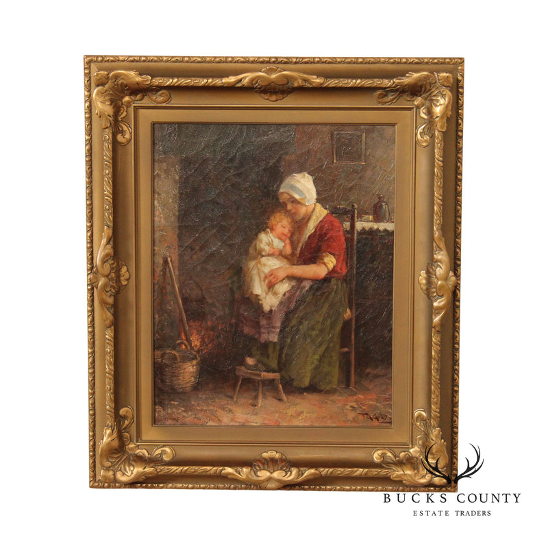 Early 20th C. Dutch Mother and Child Original Oil Painting by F. G. Grust