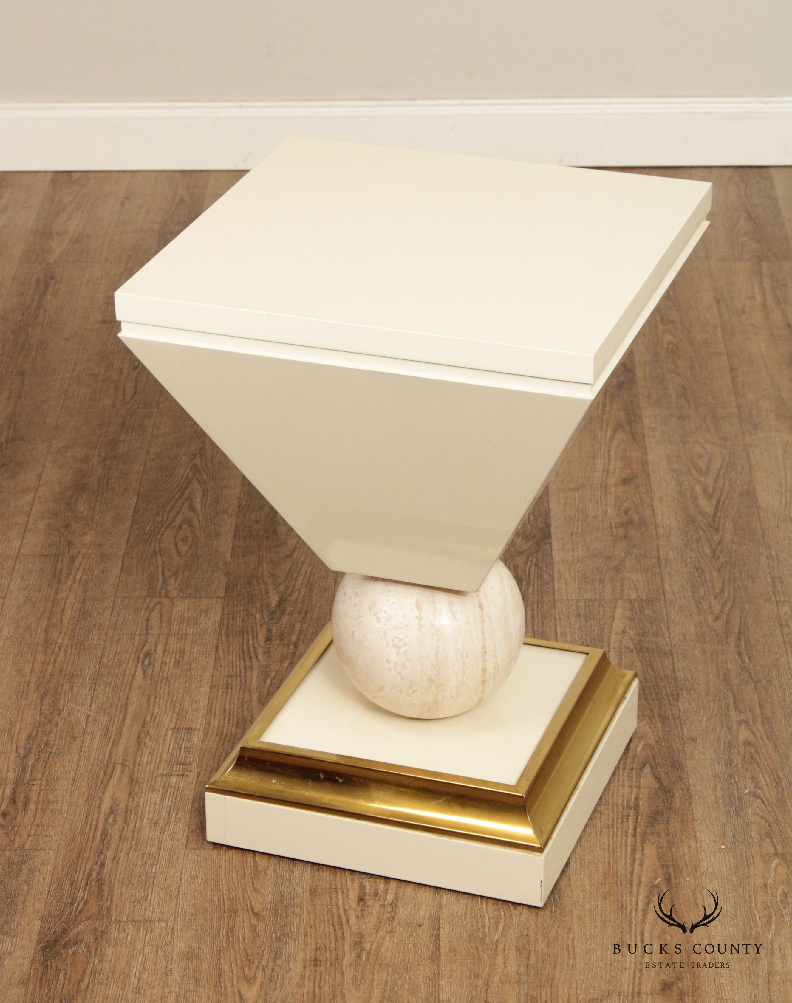 Post Modern Lacquered Pedestal Stand With Travertine Sphere