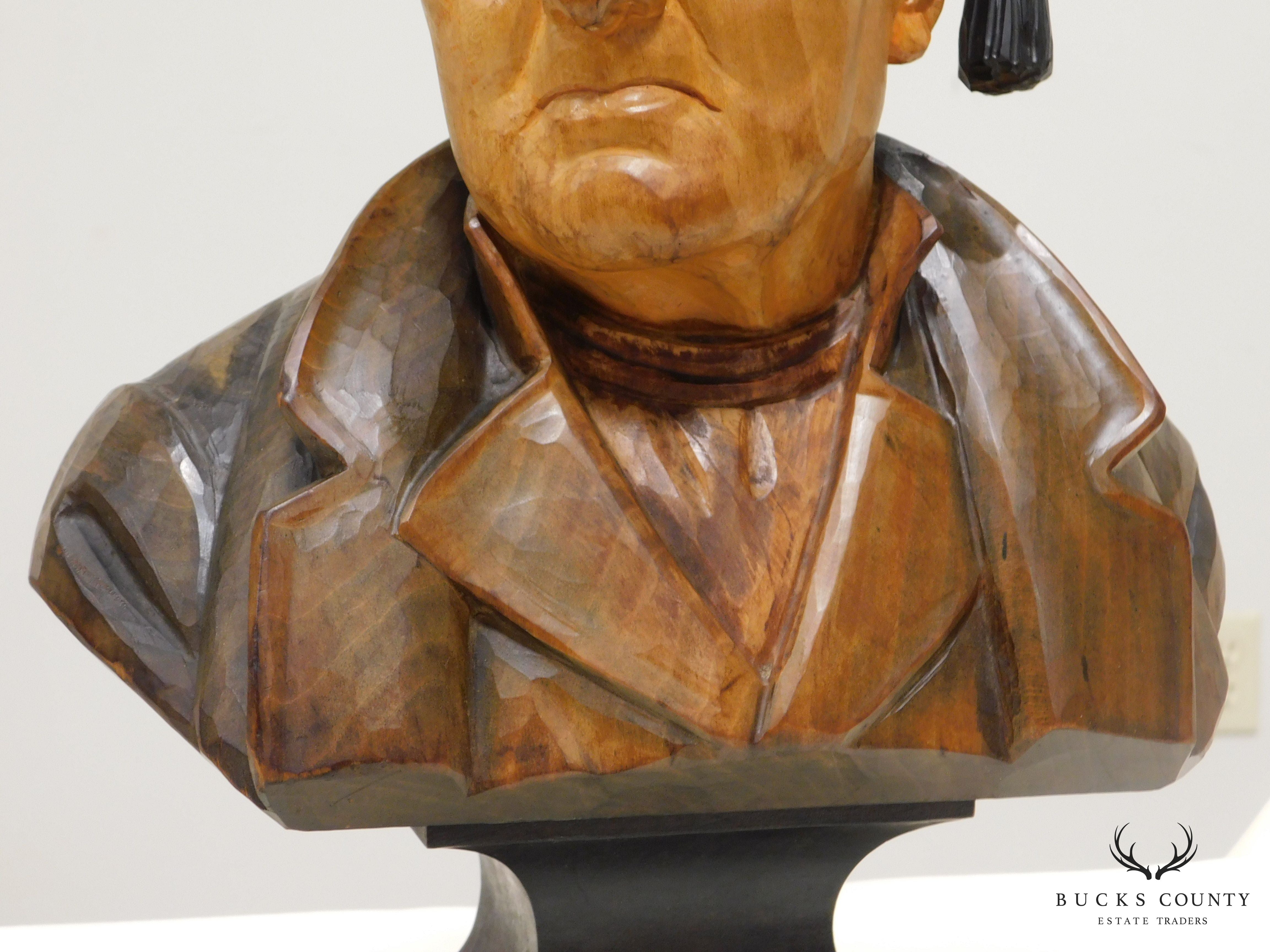 H. Huggler - Wyss Hand Carved Polychrome Wood Bust of Old Man