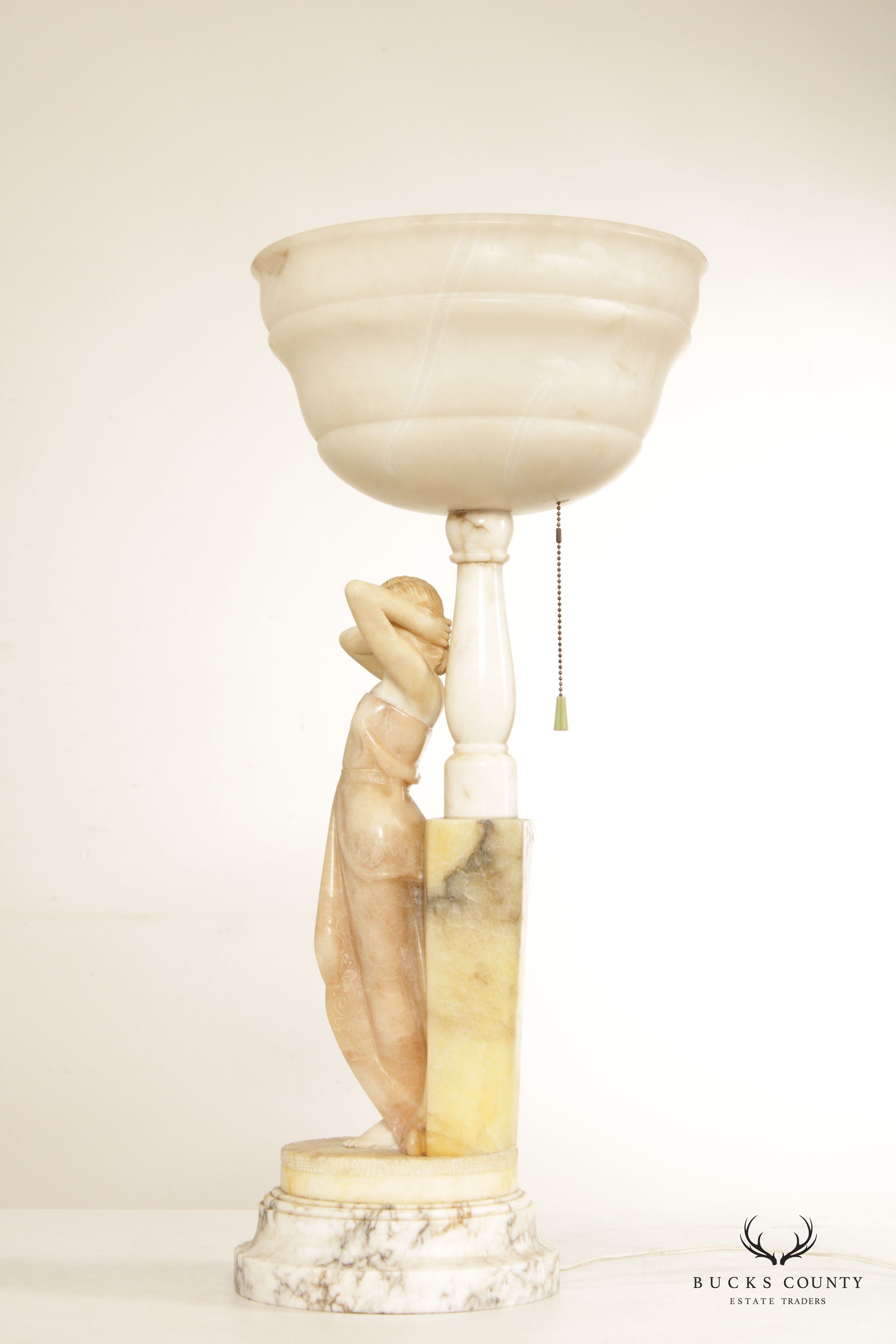 Antique Carved Alabaster 'Rebecca at the Well' Table Lamp
