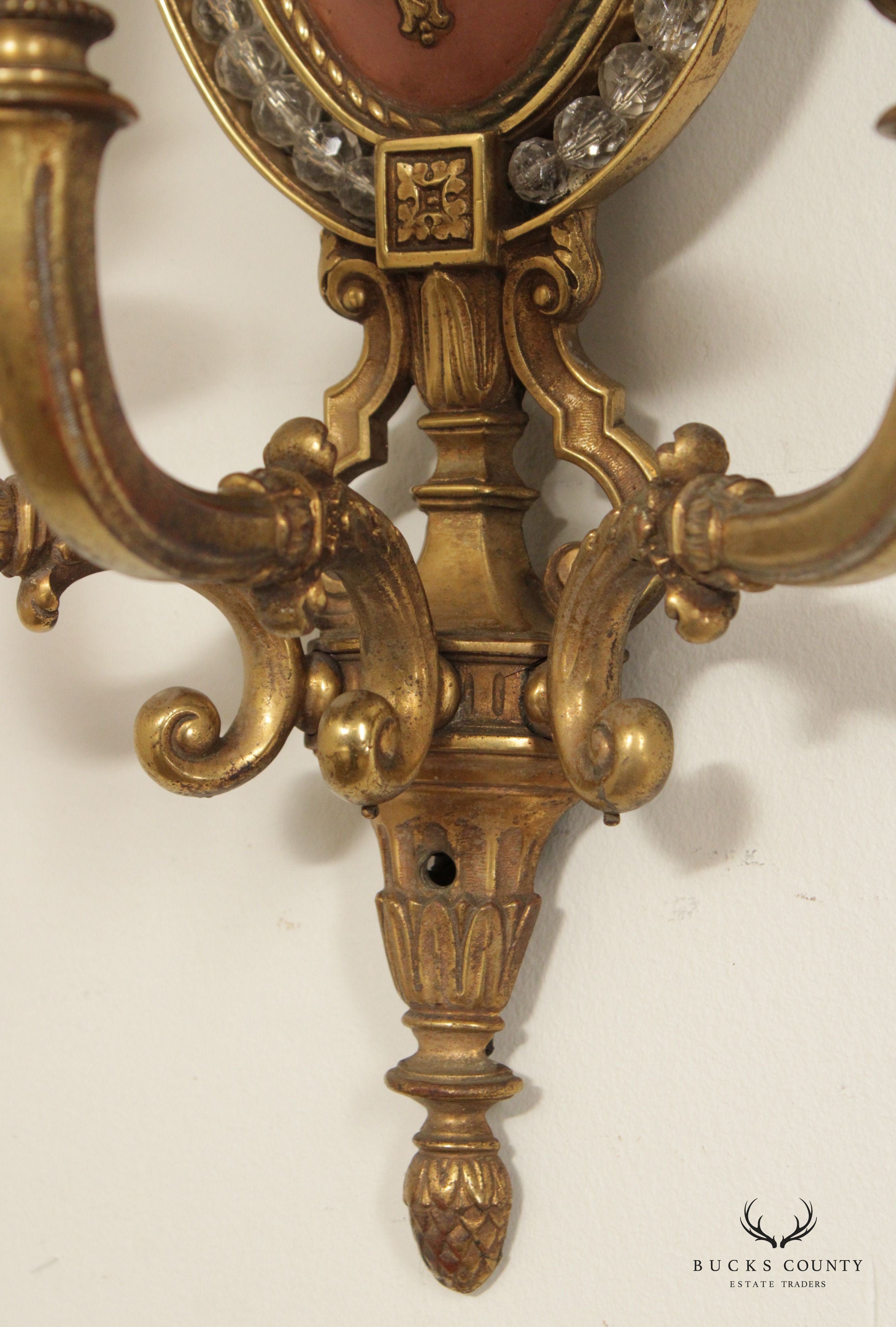 Antique Neoclassical Style Pair Brass Candelabra Wall Lamp Sconces