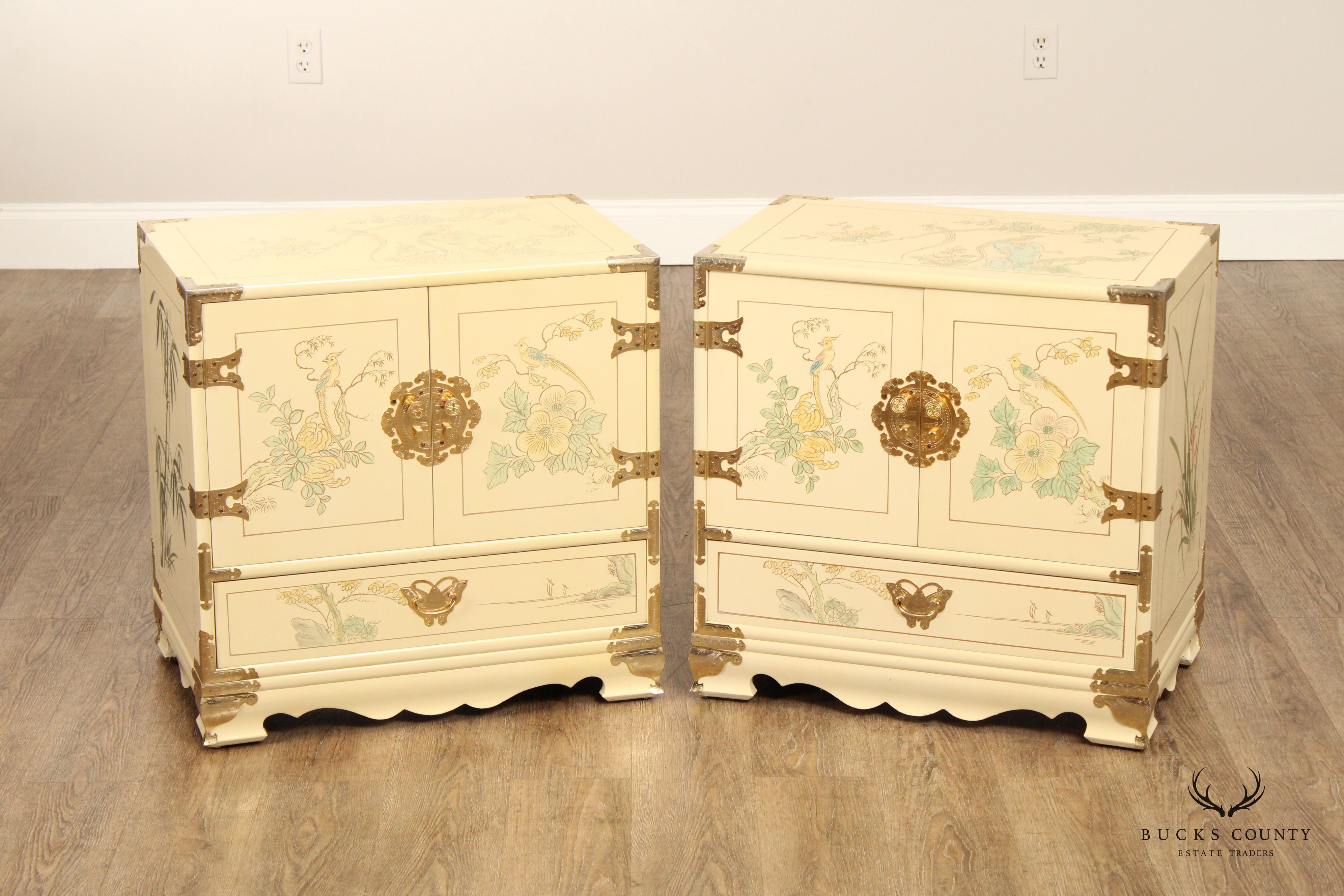 Chinoiserie Paint Decorated Asian Campaign Style Pair Of Nightstands