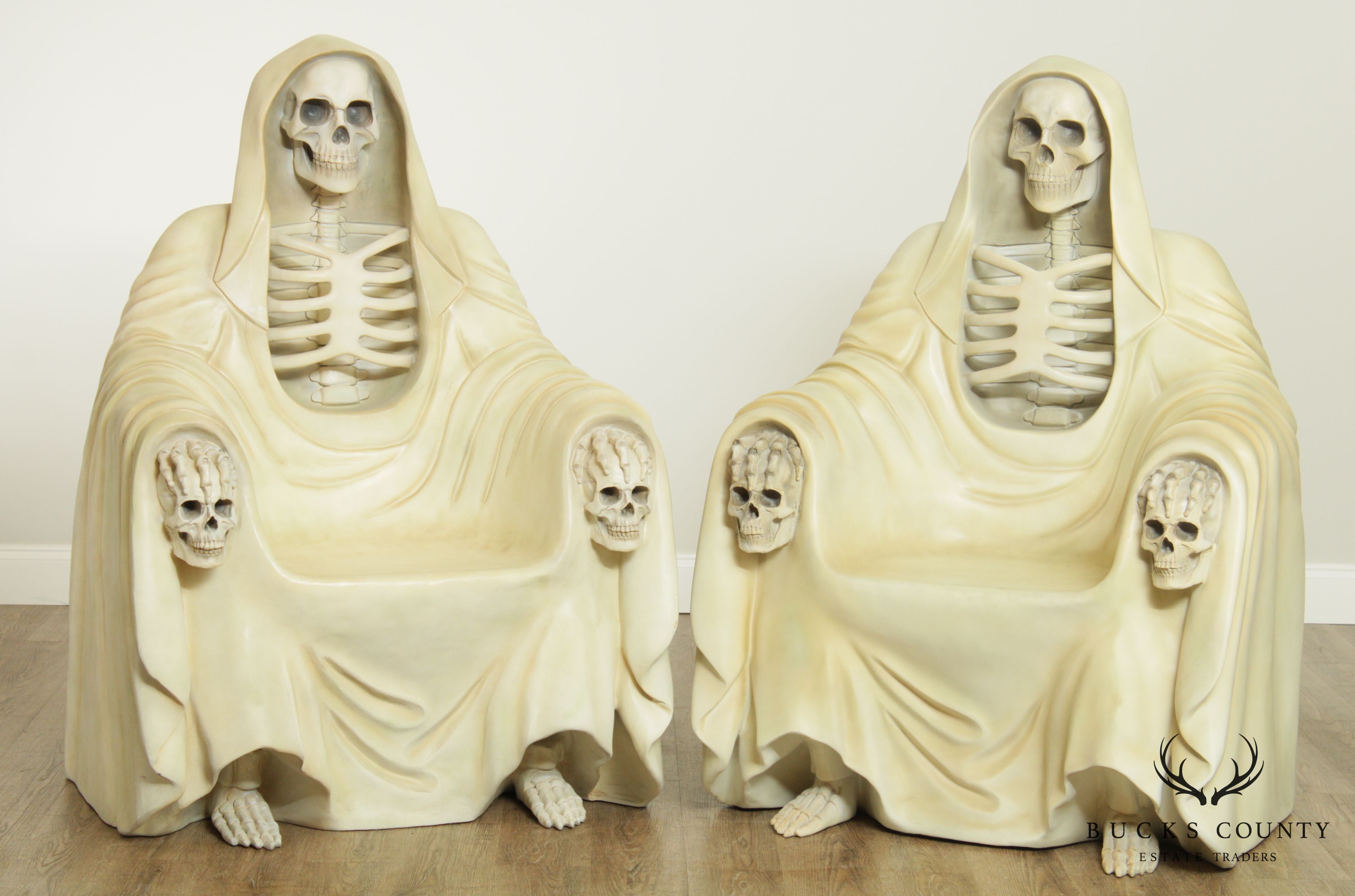 Grim Reaper Seated Skeleton Pair Gothic Throne Chairs