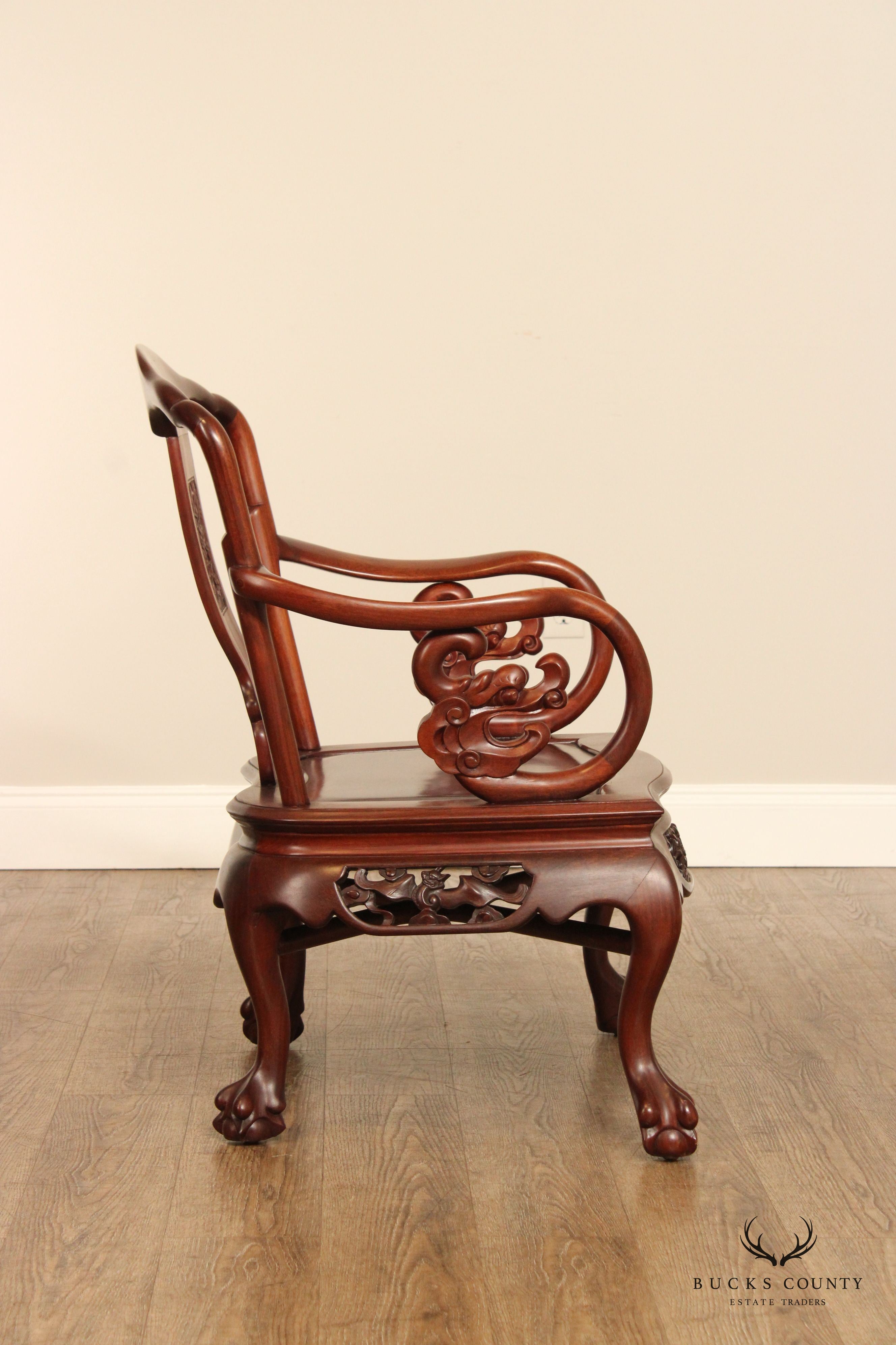 Chinese Pair of Carved Mahogany Throne Armchairs