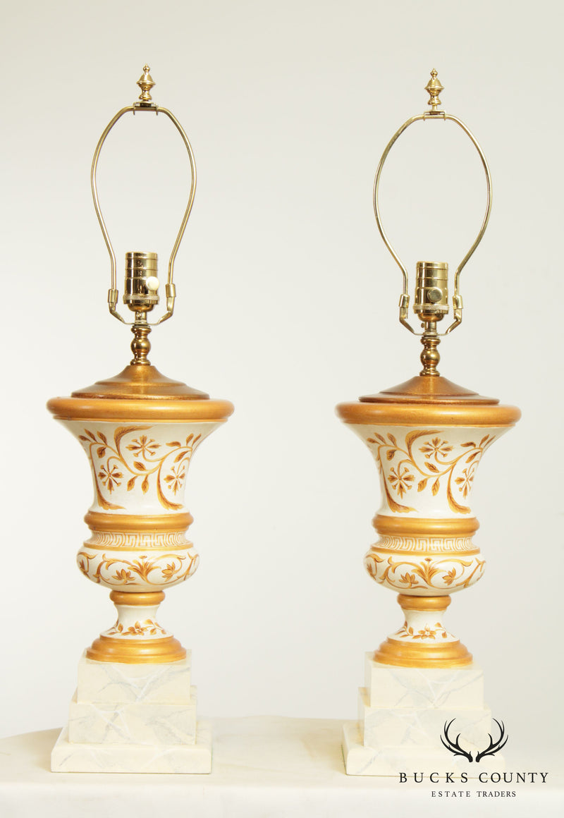 Neo-Classical Style Quality Pair Painted Wood Urn Table Lamps