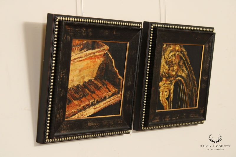 Jill O'Flannery Pair Musical Instrument Original Oil Paintings