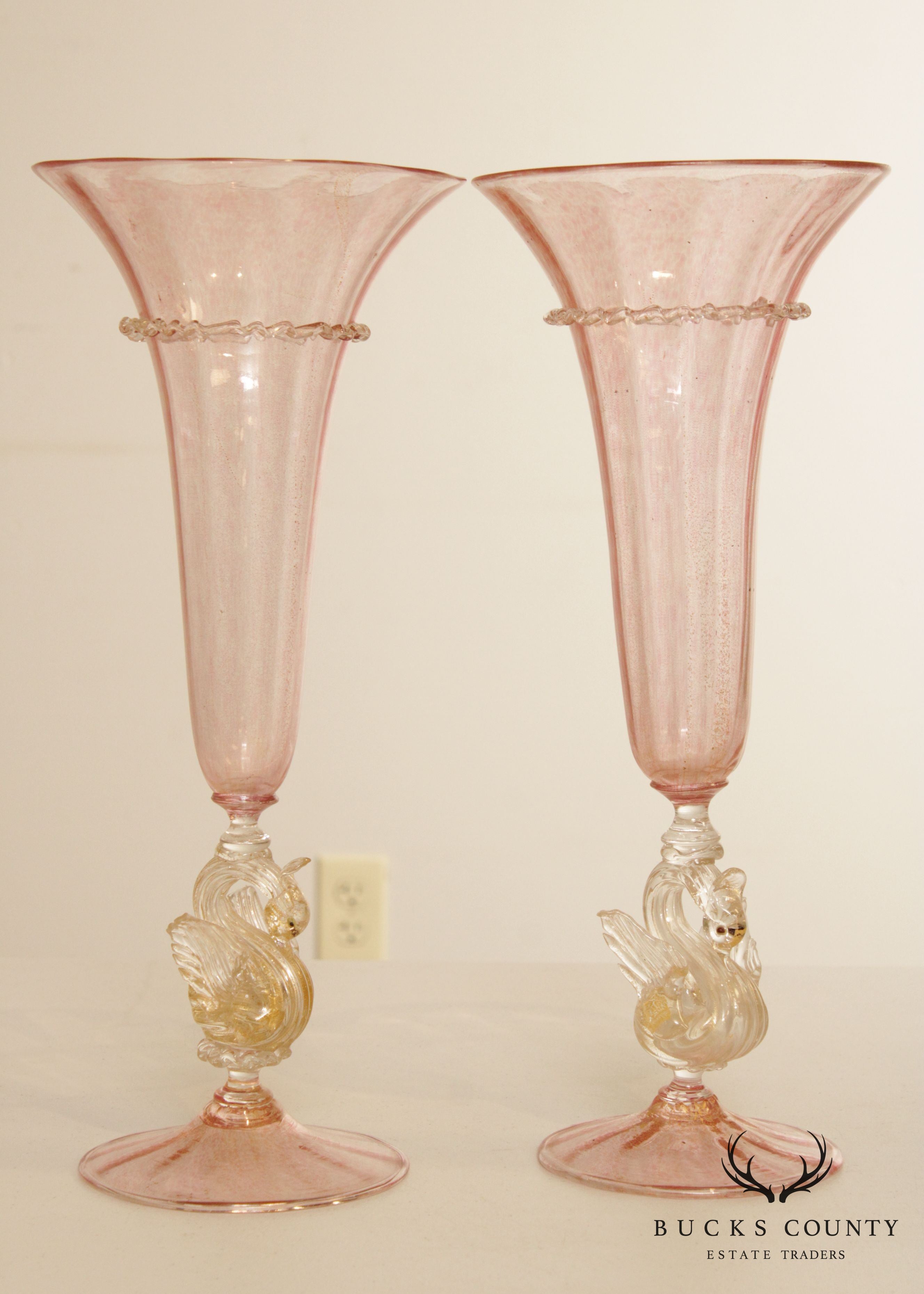 Antique Pair Hand Blown Venetian Salviati Glass Trompet Vases with Swans