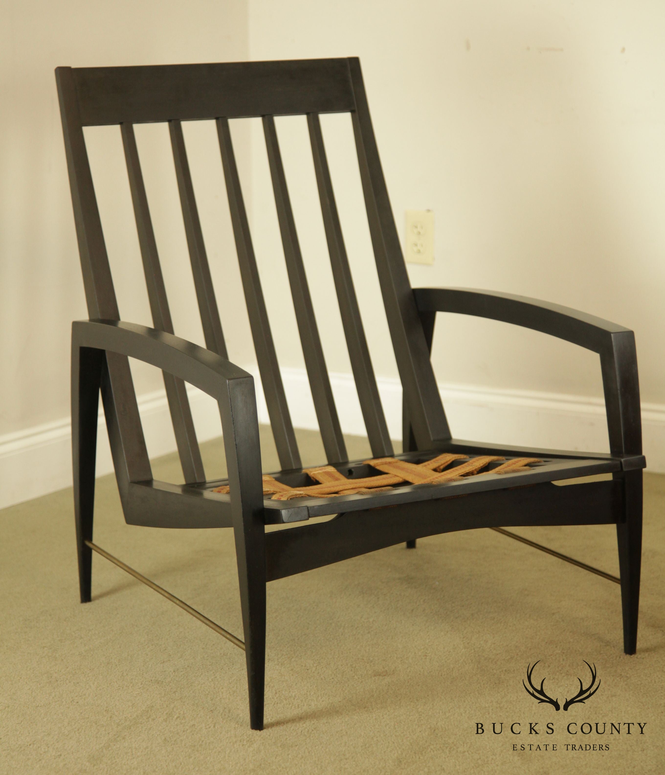 Danish Modern Ebonized Pair Black Lounge Chairs with Brass