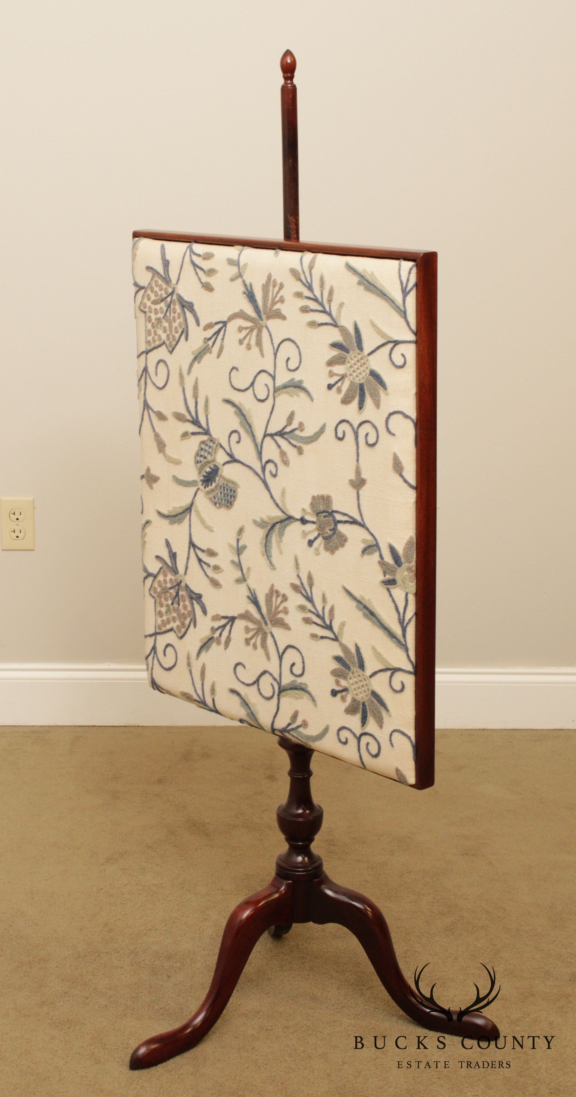 Custom Mahogany Queen Anne Crewel Embroidered Fire Screen