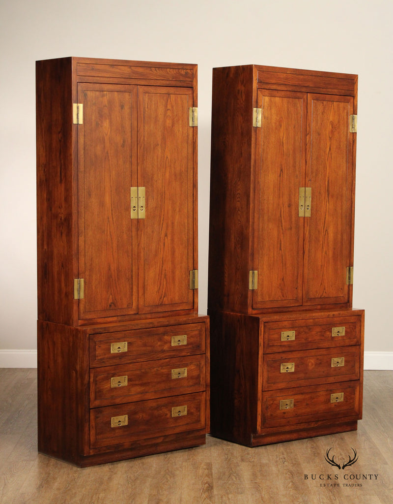 Henredon 'Scene One' Campaign Style Pair of Oak Armoires