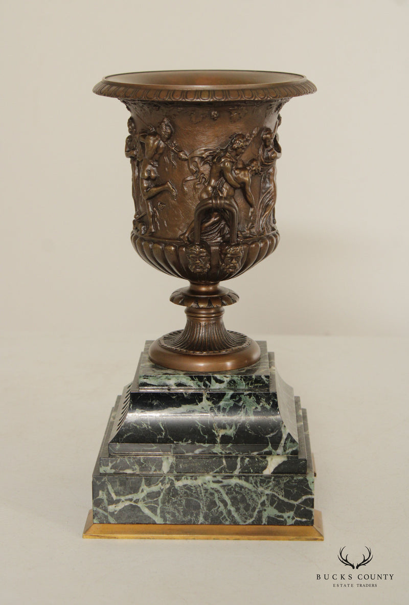 Classical Style Pair of Patinated Bronze and Marble Urns