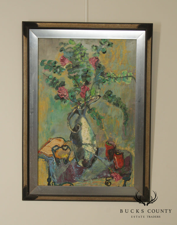Acrylic Still Life Painting Flowers in Pitcher Signed "E"
