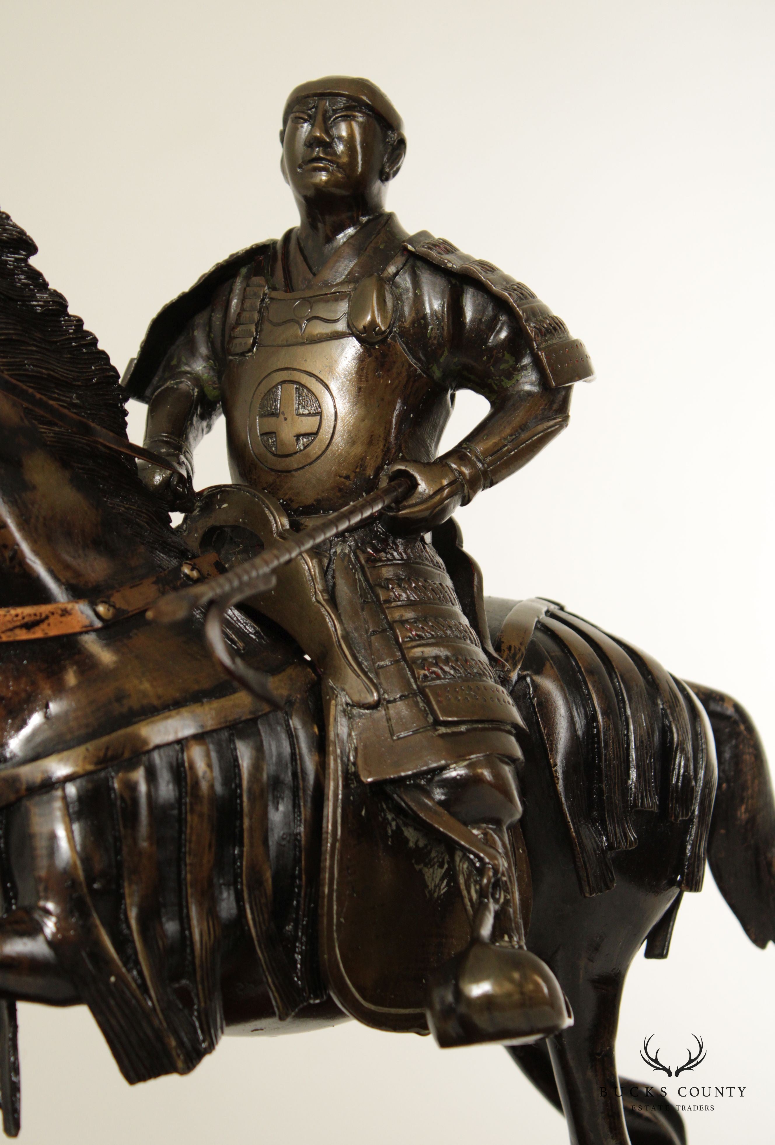 Antique Japanese Samurai Warrior on Horse Bronze Sculpture