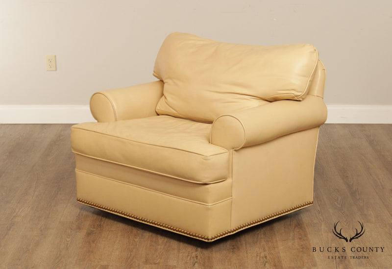 Custom Cream Leather Swivel Lounge Chair