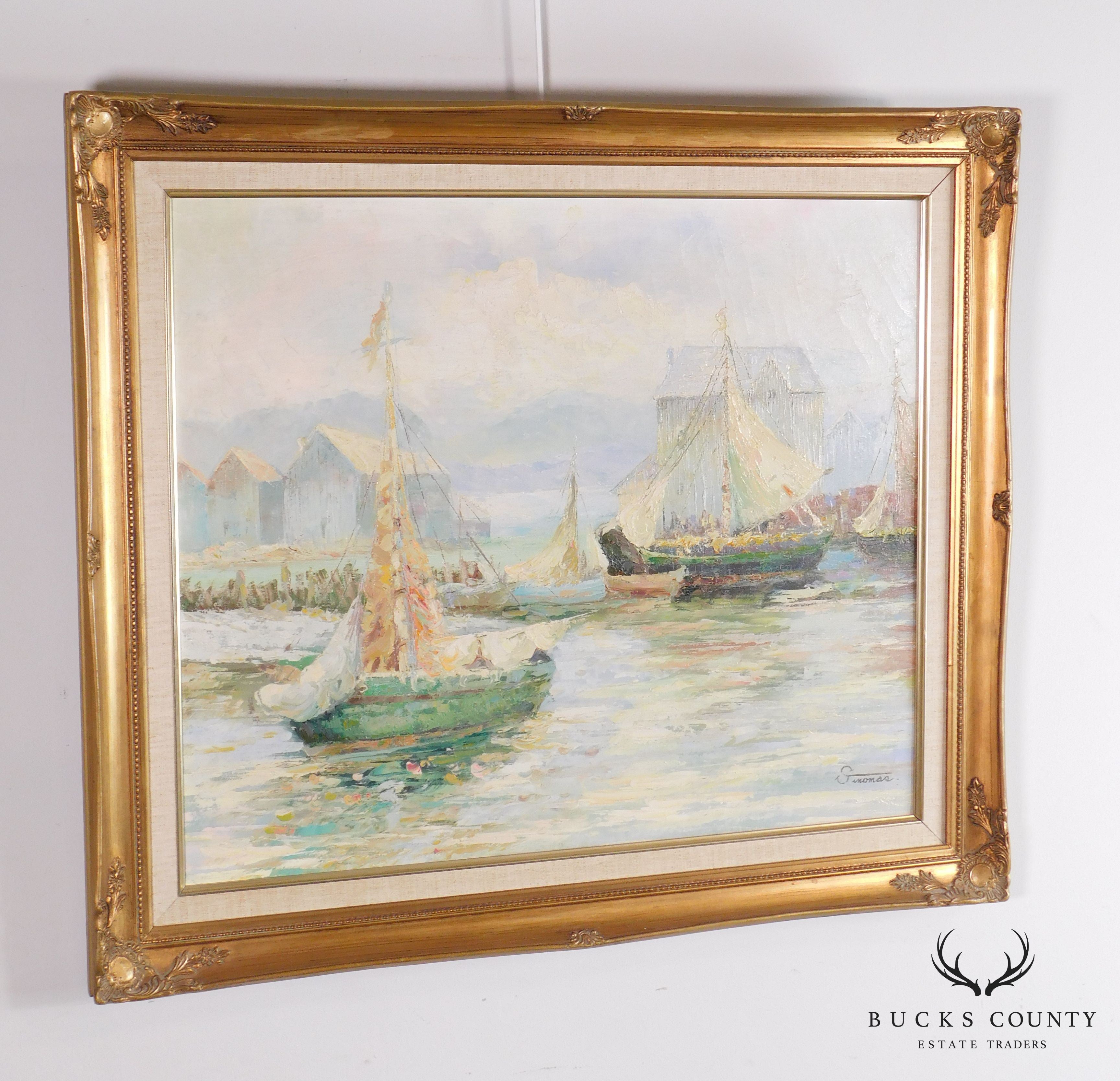 Sinomas, Oil on Canvas Painting of Working Lanteen Sailing Vessels in Port Custom Frame