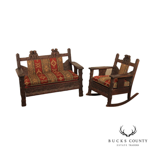 Antique American Black Forest Style Carved Oak Settee and Rocking Chair