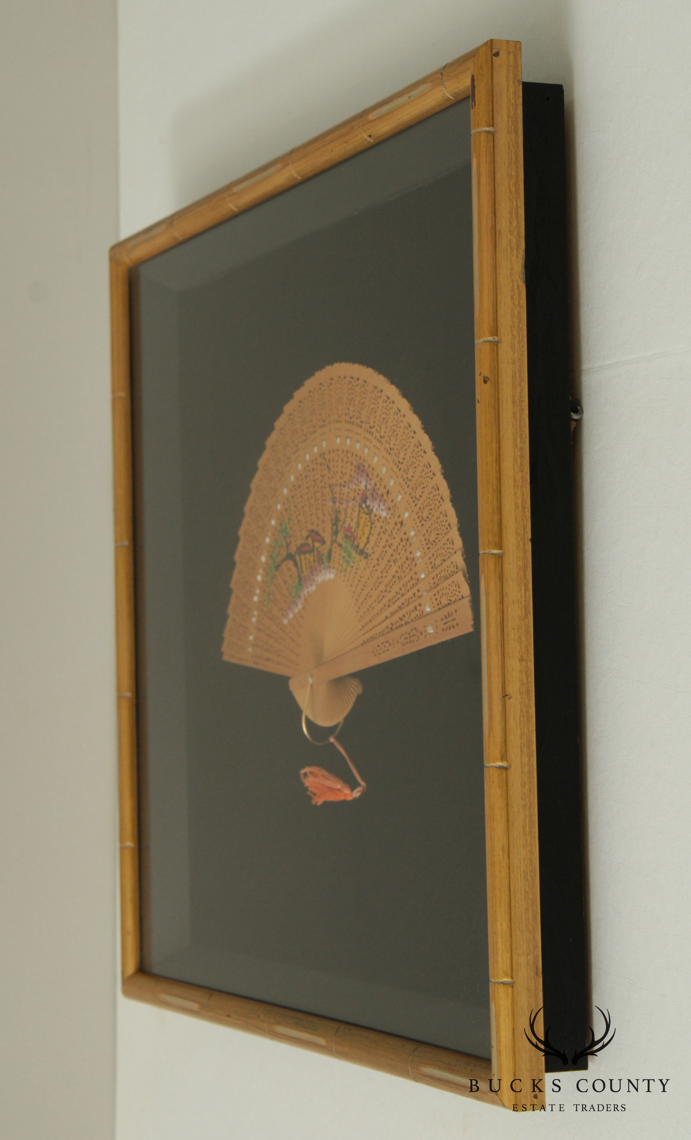 Vintage Gilt Wood Faux Bamboo Framed Japanese Fan