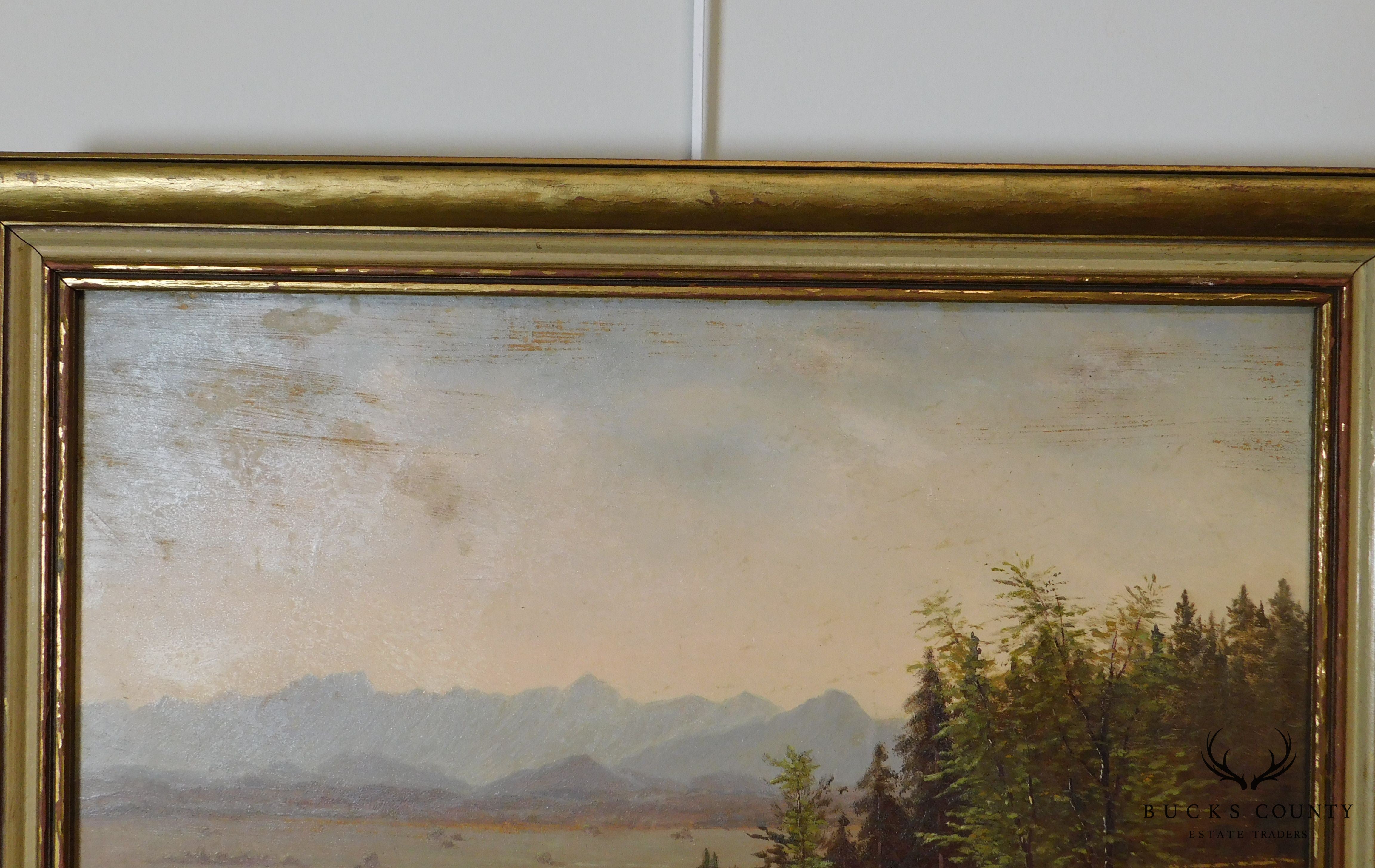 Mountain Valley Scene Framed Oil Painting On Board - Artist's Signature Illegible