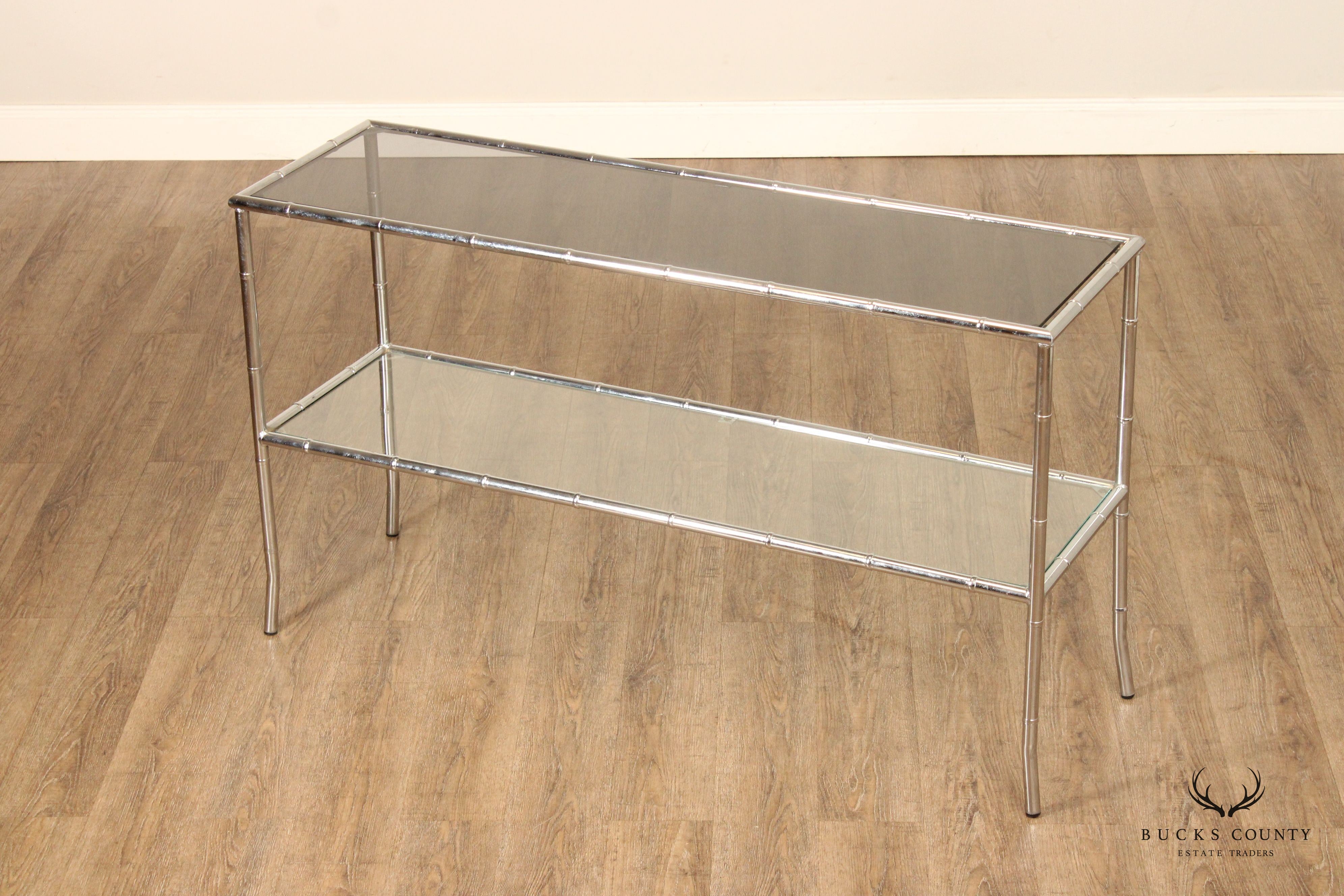 Hollywood Regency Faux Bamboo Chromed Glass Console Table