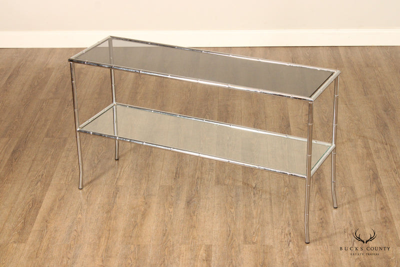 Hollywood Regency Faux Bamboo Chromed Glass Console Table
