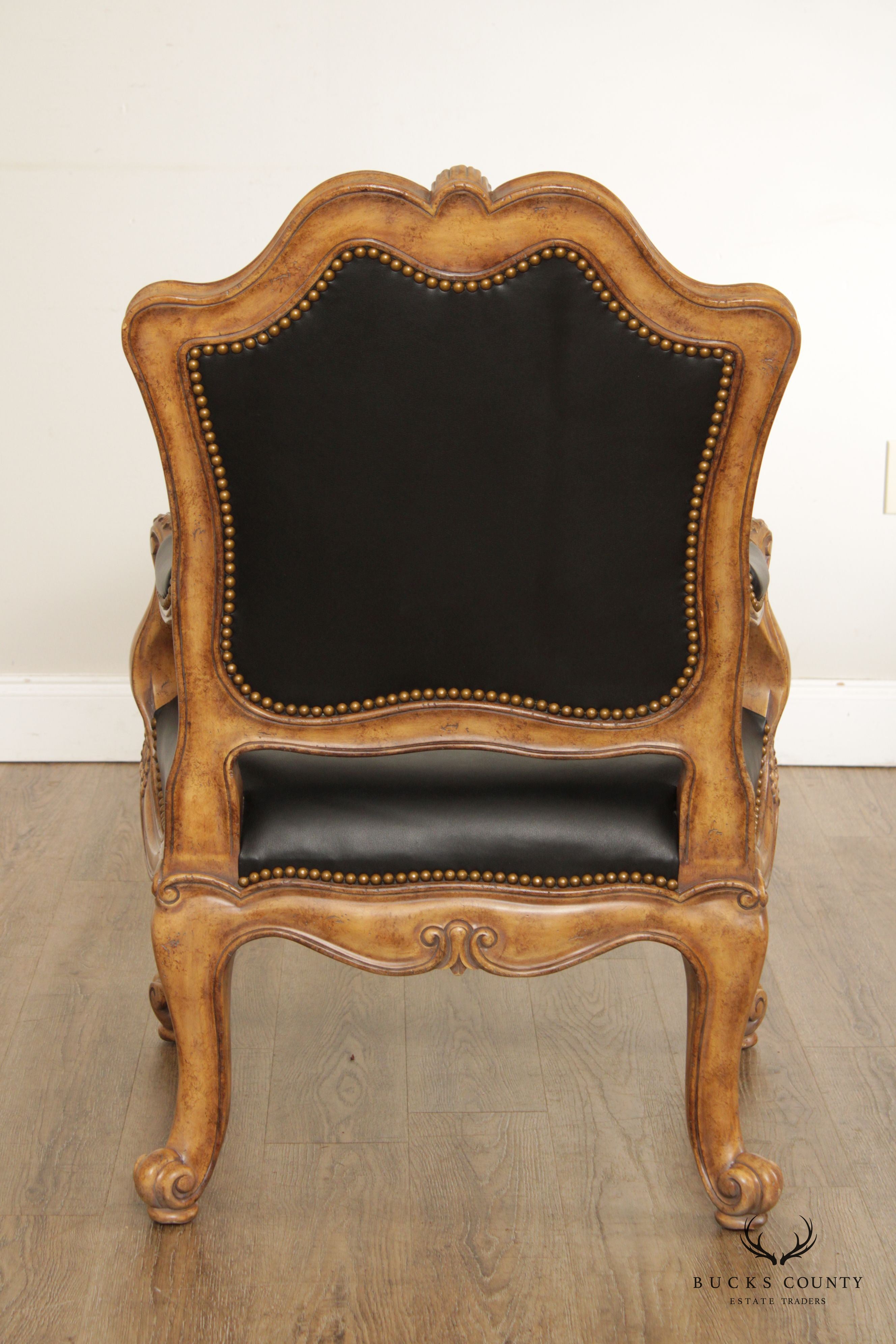 Maitland Smith Louis XV Style Carved Wood and Black Leather Armchair