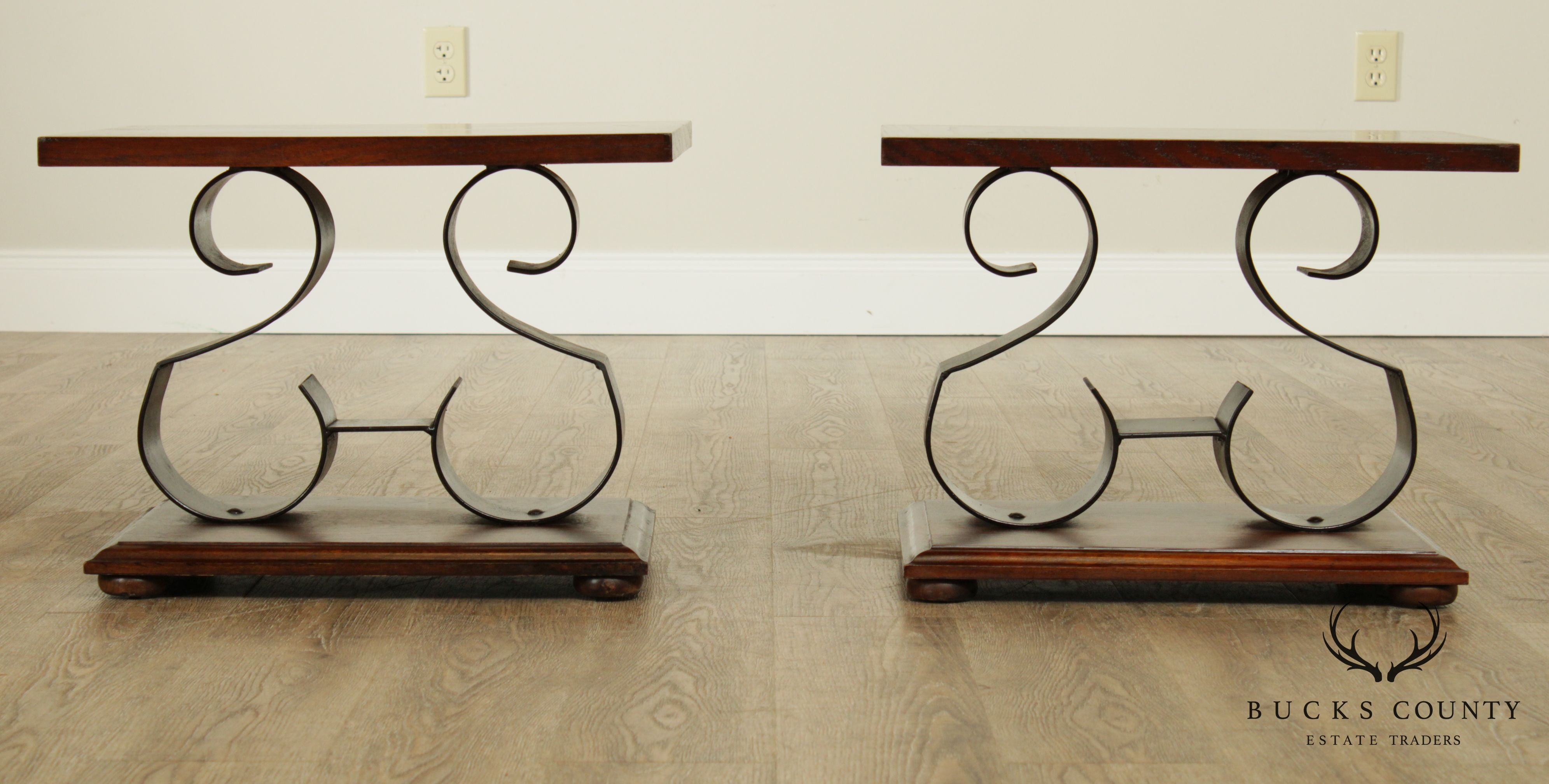 Lane Mid Century Pair Oak and Black Wrought Iron Side Tables - Rosewood Butterfly