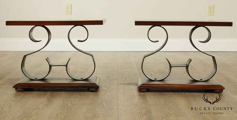 Lane Mid Century Pair Oak and Black Wrought Iron Side Tables - Rosewood Butterfly
