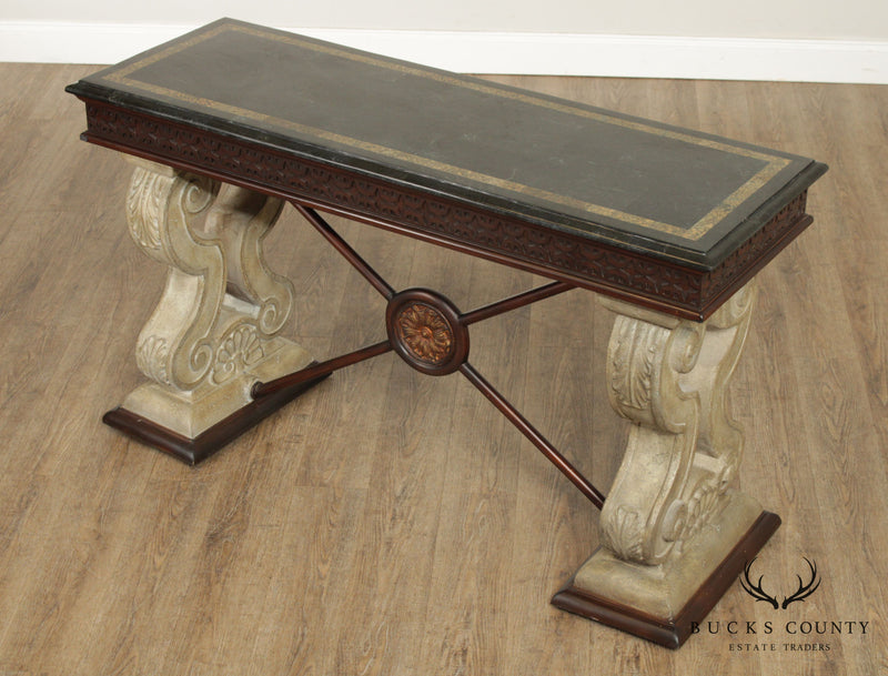 Neoclassical Style Tessellated Marble Top X-Base Console Table (A)